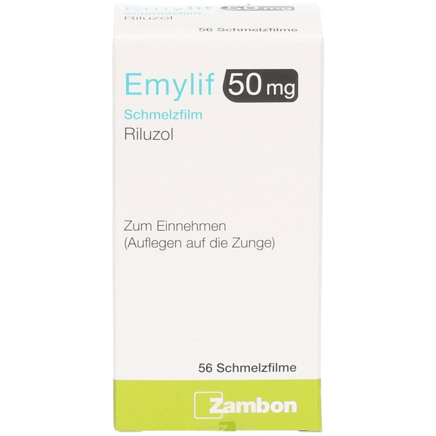 Verpackung EMYLIF 50 mg Schmelzfilm. Aufschrift: Riluzol, 56 Schmelzfilme. Marke Zambon. Weiß-grüne Verpackung.