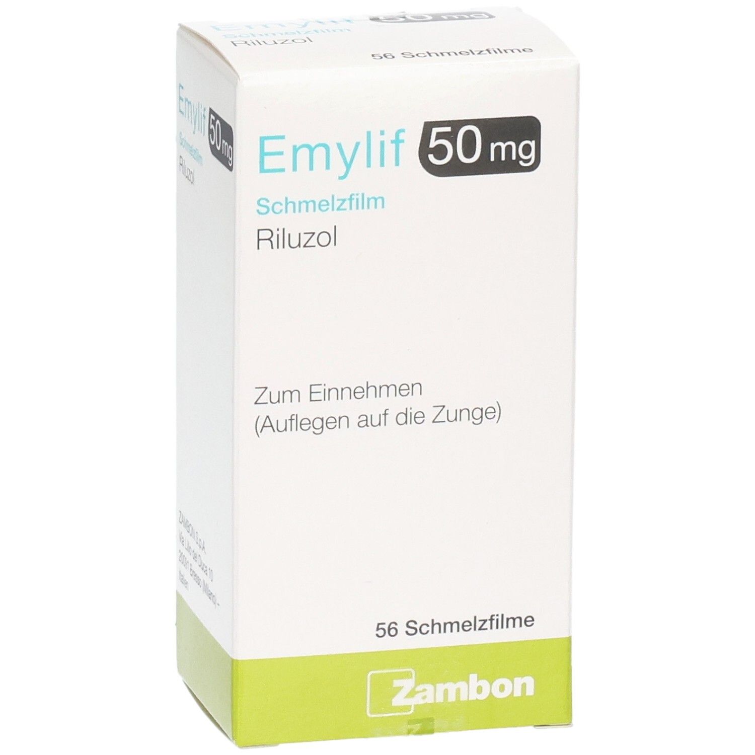 Schachtel EMYLIF 50 mg Schmelzfilm. Aufschrift: Riluzol, 56 Schmelzfilme. Marke Zambon. Weiß-grüne Verpackung.