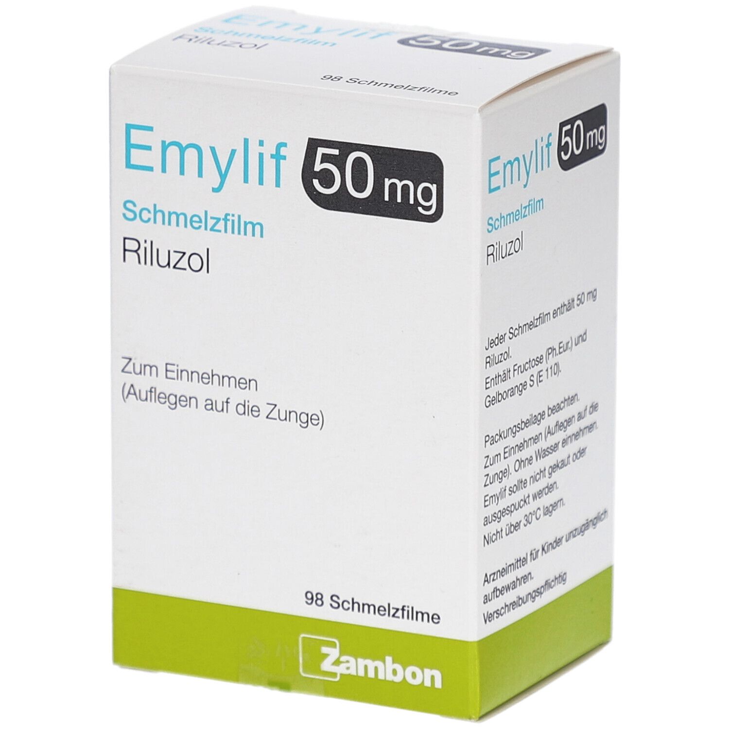 Weiße Schachtel mit EMYLIF 50 mg Schmelzfilm. Text: Riluzol, Zum Einnehmen (Auflegen auf die Zunge). Grün-weiße Farbgebung. 98 Schmelzfilme.