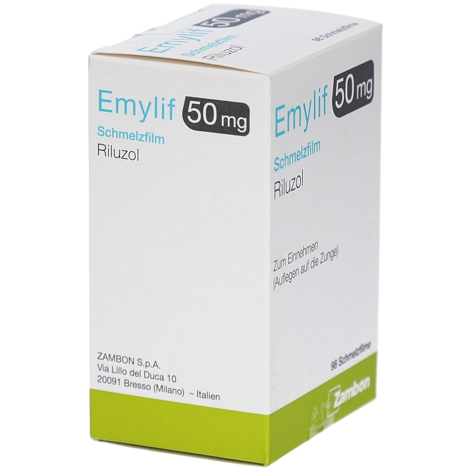 Weiße Schachtel EMYLIF 50 mg Schmelzfilm. Text: Riluzol, Zum Einnehmen (Auflegen auf die Zunge). Logo Zambon. Adresse: Via Lillo del Duca 10, 20091 Bresso (Milano) - Italien.