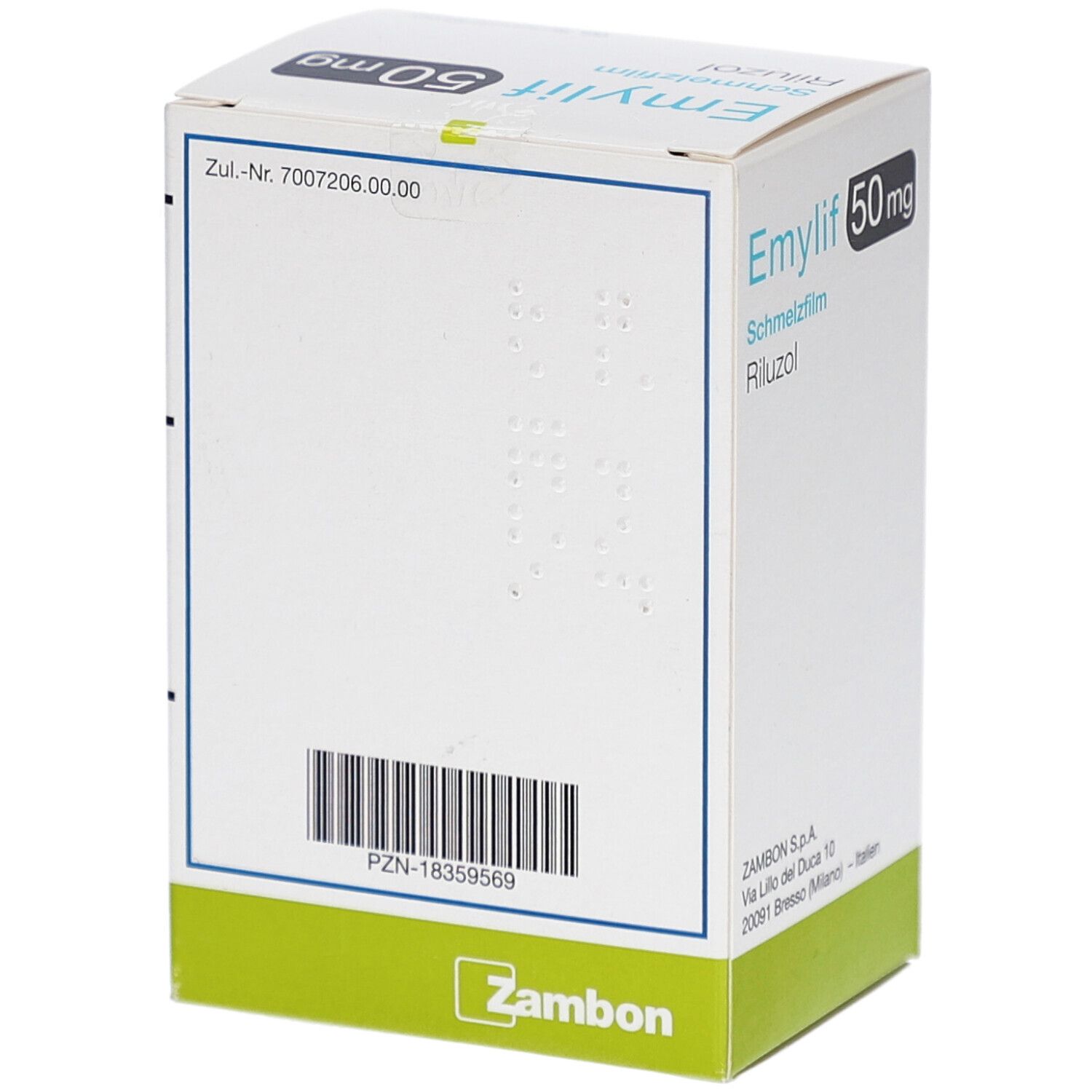 Weiße Schachtel EMYLIF 50 mg Schmelzfilm. Rückseite mit Barcode und PZN-Nummer. Text: Riluzol. Logo Zambon. Zul.-Nr. 7007206.00.00.