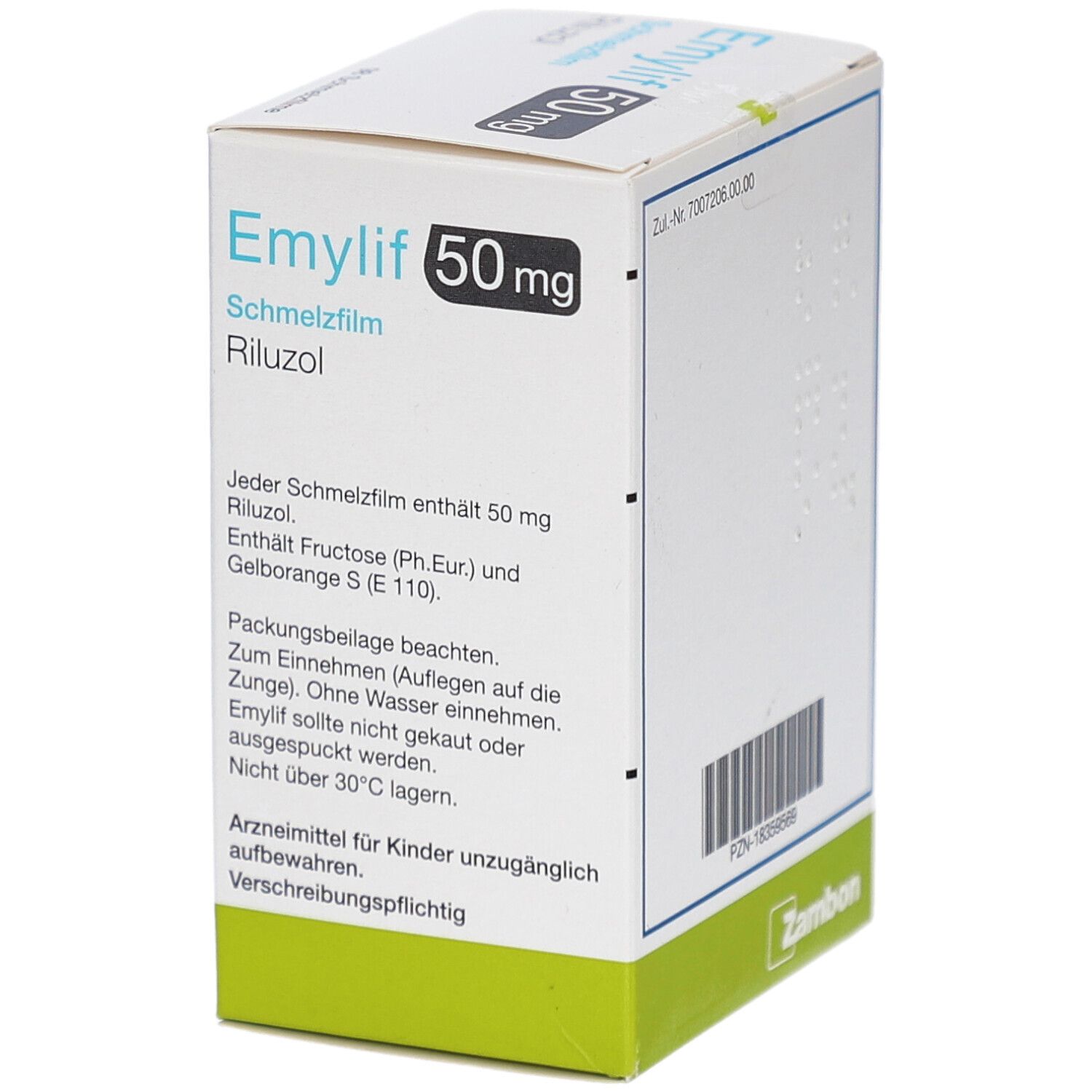 Weiße Schachtel EMYLIF 50 mg Schmelzfilm. Text: Riluzol, Zum Einnehmen (Auflegen auf die Zunge). Enthält Fructose und Gelborange S. Packungsbeilage beachten.