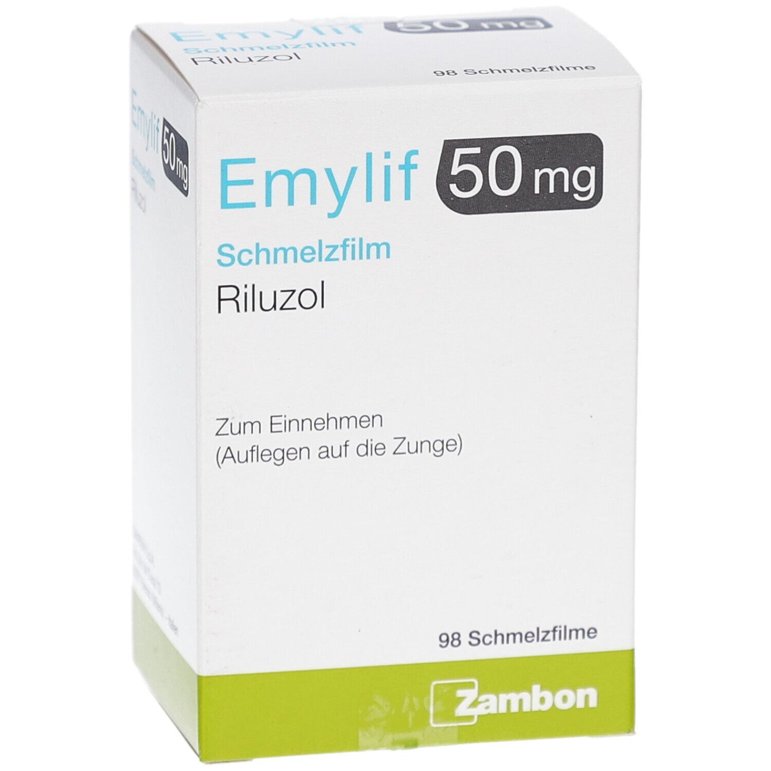Weiße Schachtel EMYLIF 50 mg Schmelzfilm. Text: Riluzol, Zum Einnehmen (Auflegen auf die Zunge). 98 Schmelzfilme. Logo Zambon.