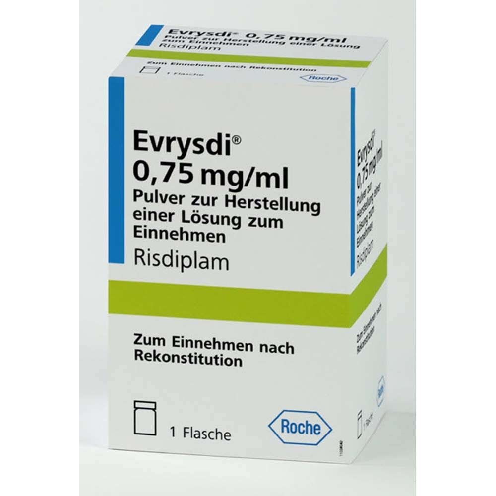 Verpackung von Evrysdi 0,75 mg/ml. Aufschrift: Pulver zur Herstellung einer Lösung zum Einnehmen. Marke Roche. Enthält 1 Flasche.