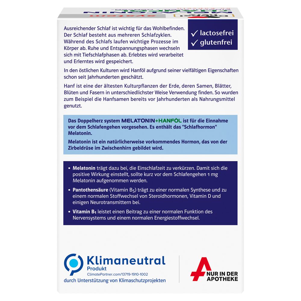 Rückseite der Schachtel Doppelherz system Melatonin + Hanföl. Text: laktosefrei, glutenfrei. Informationen zum Produkt.