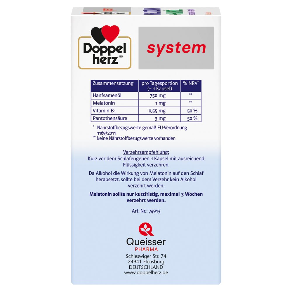 Rückseite der Schachtel Doppelherz system Melatonin + Hanföl. Text: Zusammensetzung, Verzehrempfehlung, Art.-Nr., Queisser Pharma.