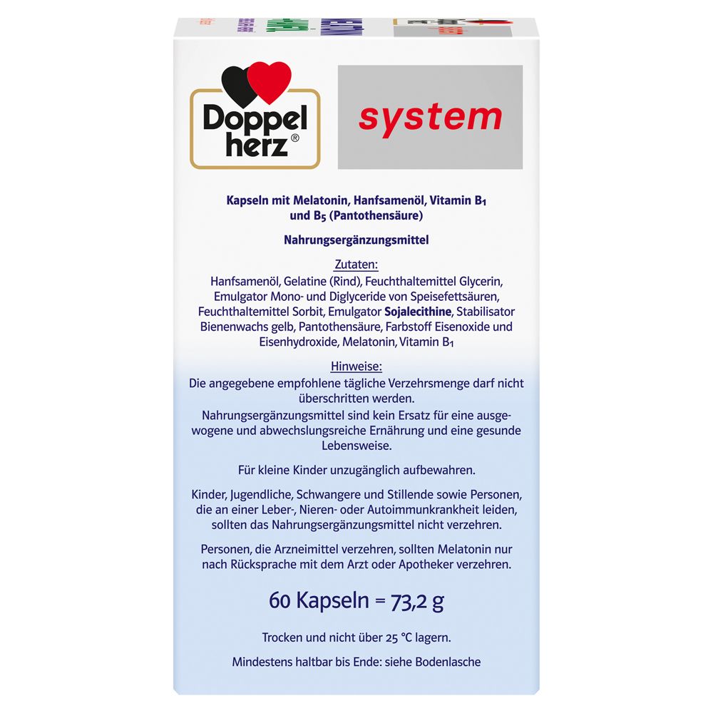 Seite der Schachtel Doppelherz system Melatonin + Hanföl. Text: Kapseln, Zutaten, Hinweise, 60 Kapseln = 73,2 g.