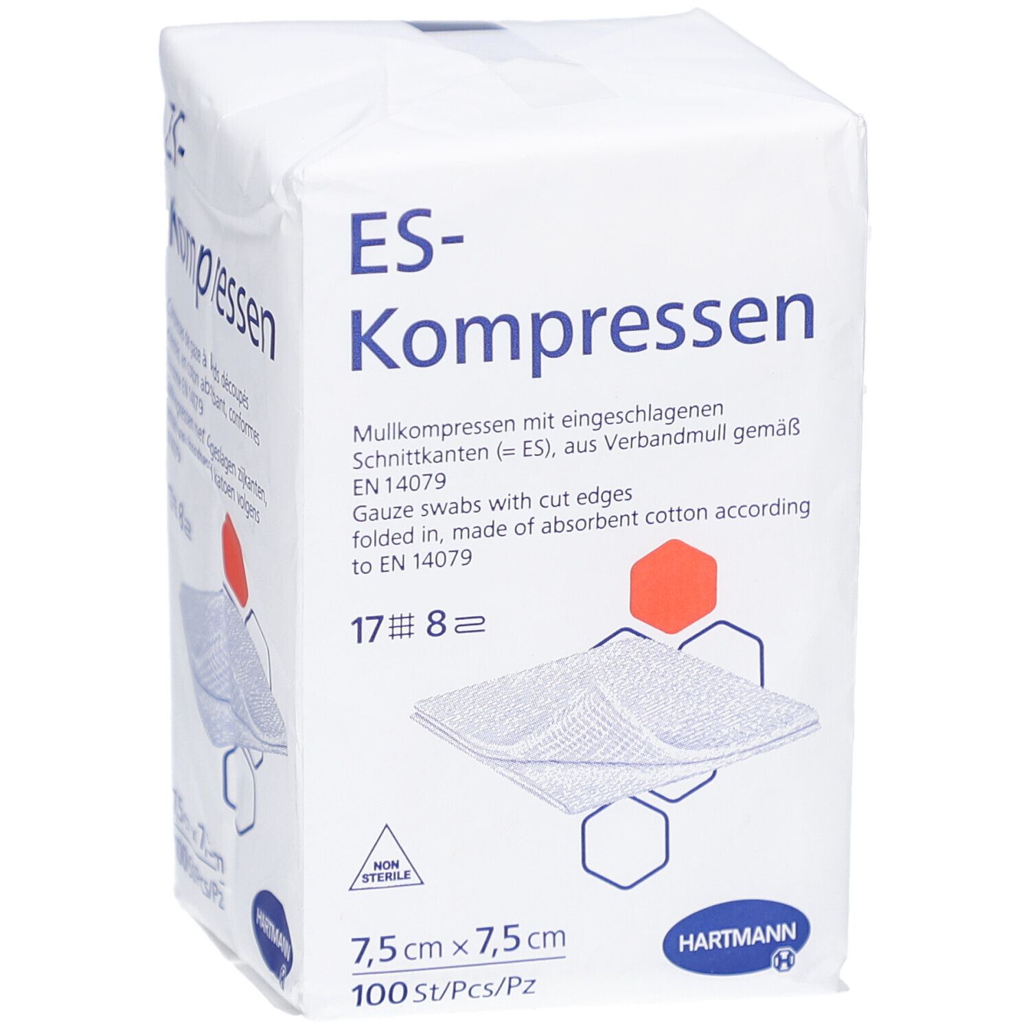 Verpackung mit ES-Kompressen. Größe 7,5 x 7,5 cm, 100 Stück. Marke HARTMANN. Steril.