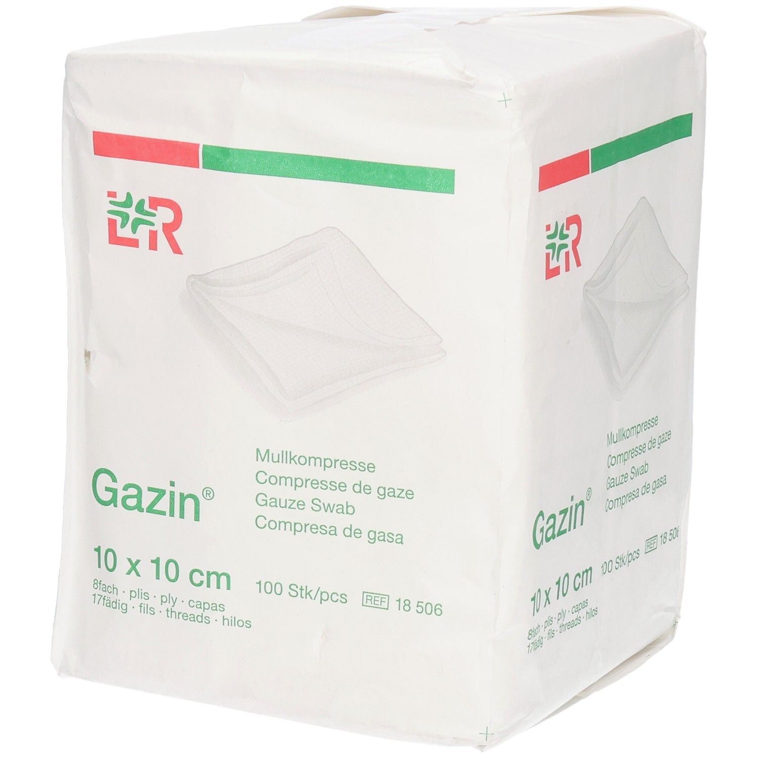 Gazin Mullkompresse, 10 x 10 cm, 100 Stück. Weiße Verpackung, Ansicht von der Seite.