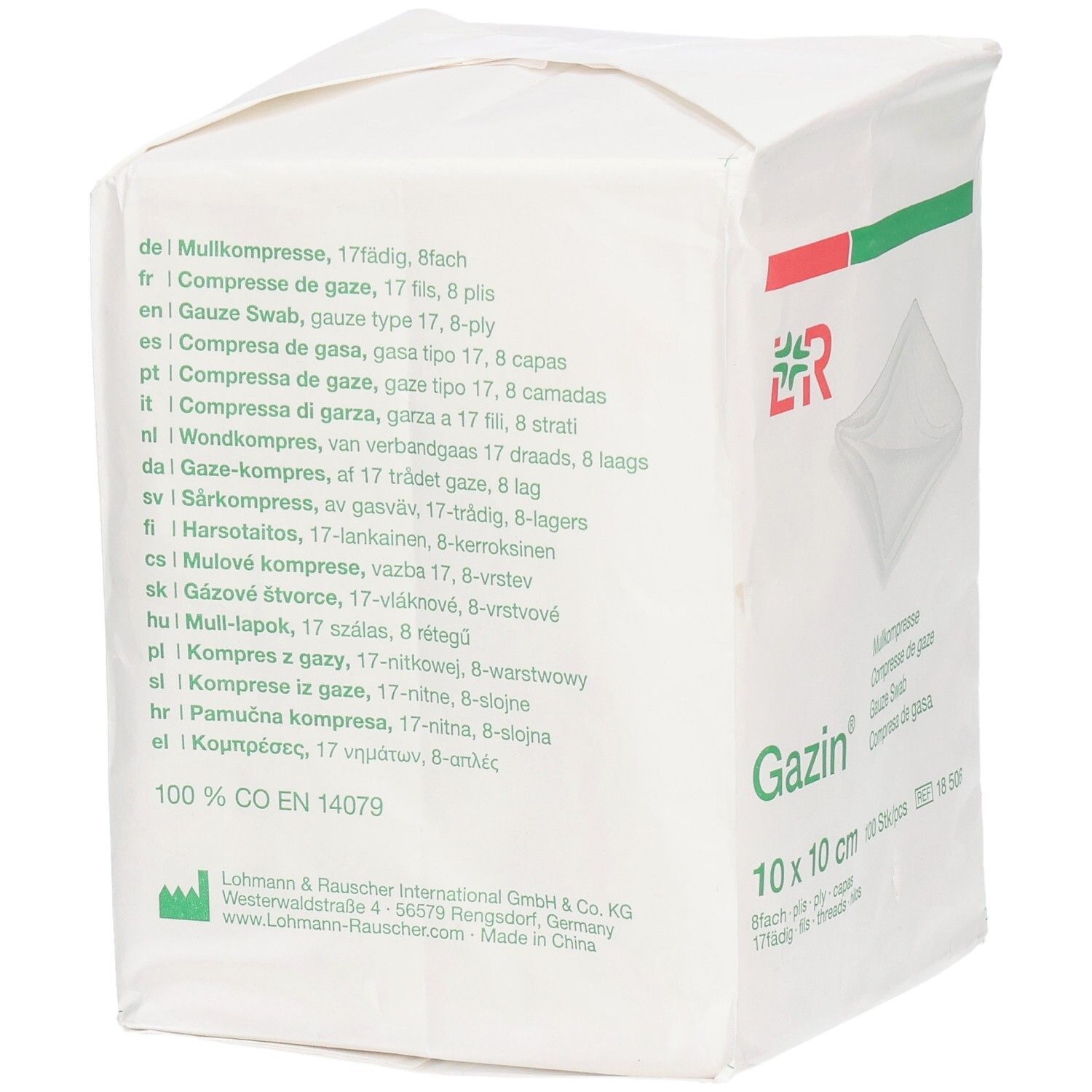 Gazin Mullkompresse, 10 x 10 cm, 100 Stück. Verpackung mit Text in mehreren Sprachen und Logo.