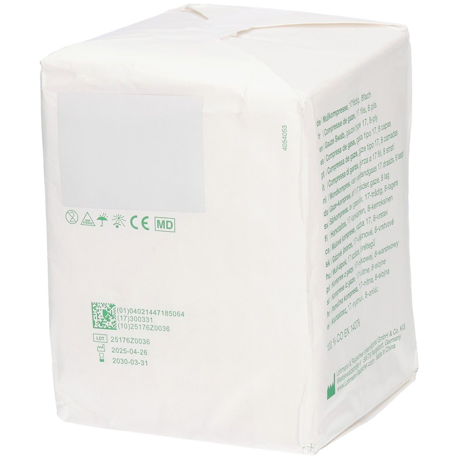 Gazin Mullkompresse, 10 x 10 cm. Rückseite der Verpackung mit Informationen und Zertifizierungen.