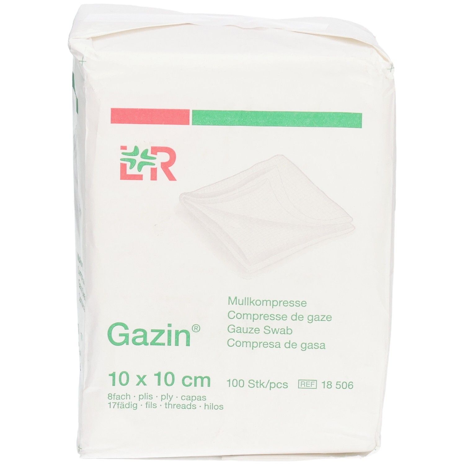 Gazin Mullkompresse, 10 x 10 cm, 100 Stück. Weiße Verpackung mit Produktinformationen.