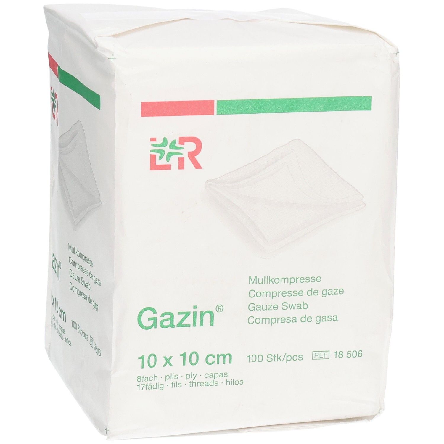 Gazin Mullkompresse, 10 x 10 cm, 100 Stück. Weiße Verpackung mit Produktinformationen und Logo.