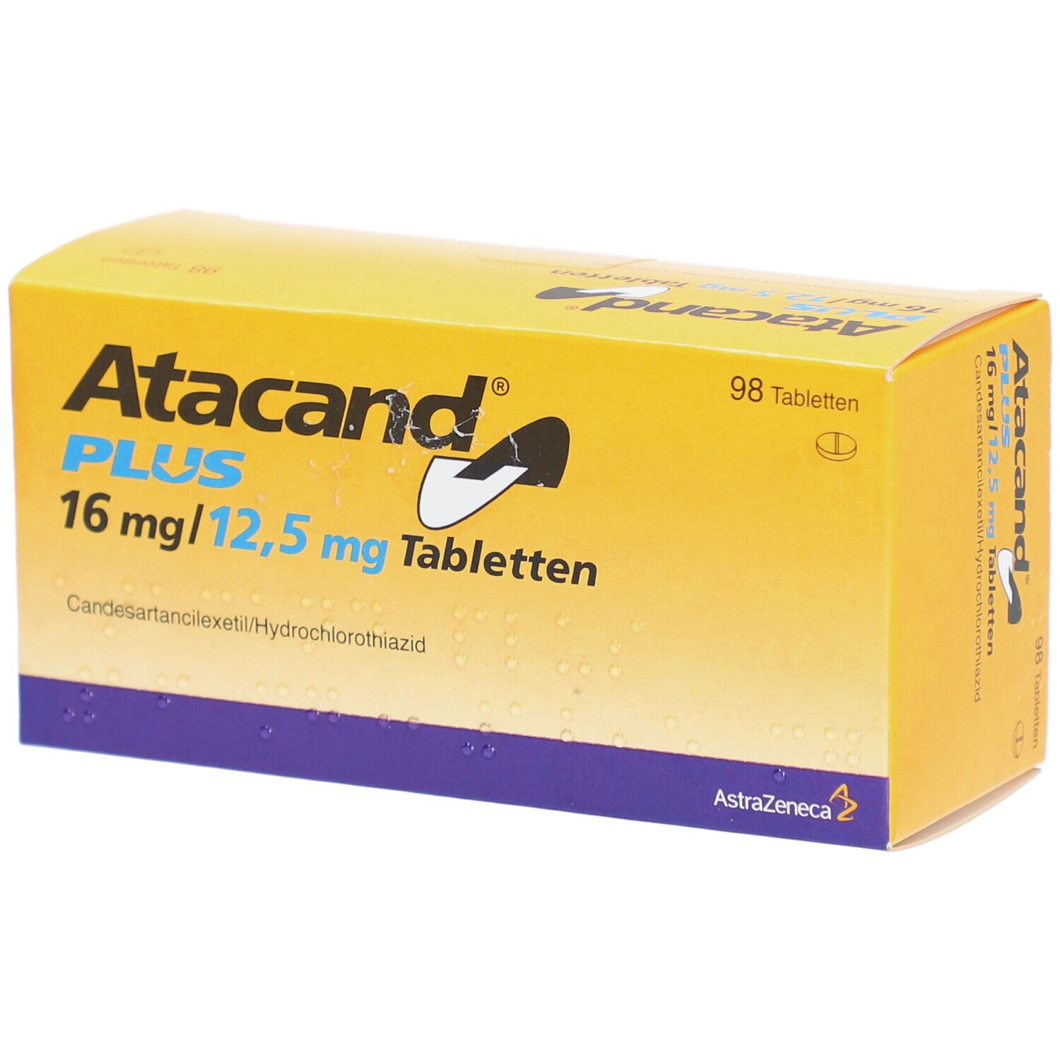 Gelbe Tablettenbox mit Aufschrift Atacand PLUS 16 mg/12,5 mg Tabletten. Enthält 98 Tabletten. AstraZeneca Logo.