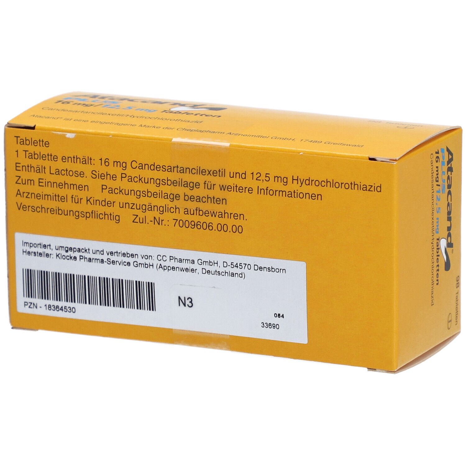 Rückseite einer gelben Tablettenbox mit Text. Enthält Informationen zu Inhaltsstoffen, Dosierung und Hersteller.