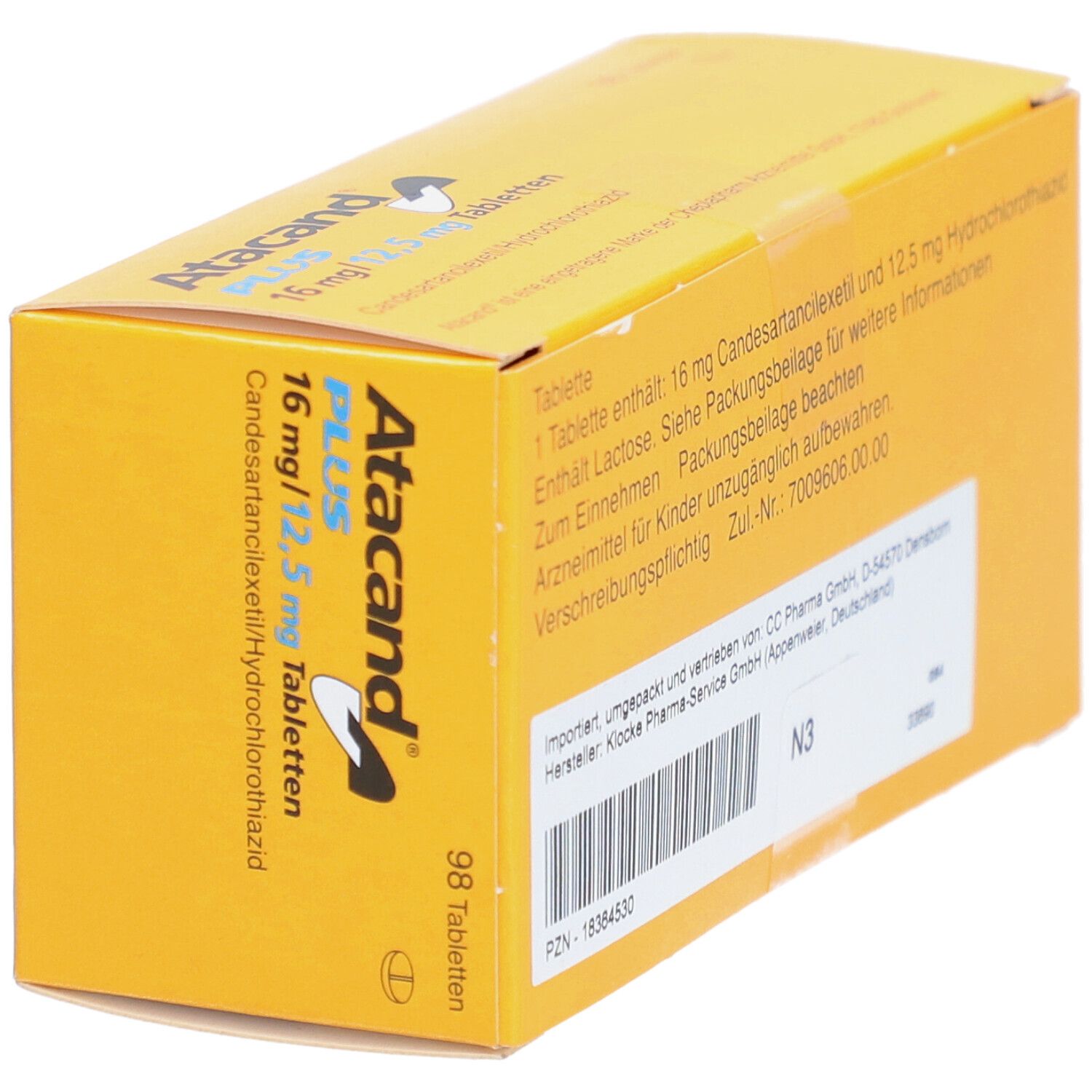 Schräg gestellte gelbe Tablettenbox mit Text. Enthält Informationen zu Inhaltsstoffen, Dosierung und Hersteller.