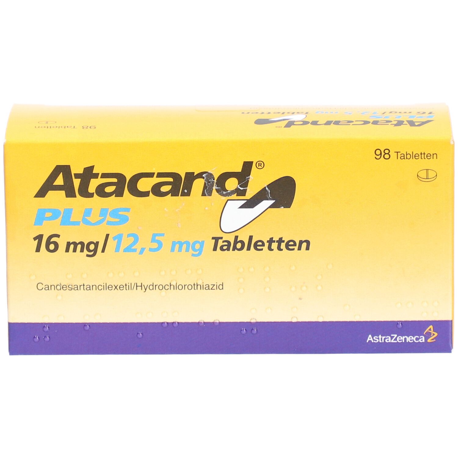 Gelbe Tablettenbox mit Atacand PLUS 16 mg/12,5 mg Tabletten. Enthält 98 Tabletten. AstraZeneca Logo.