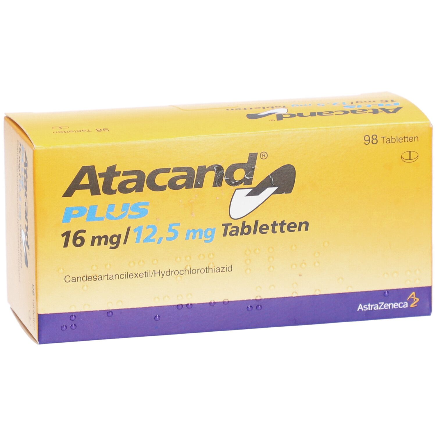 Gelbe Tablettenbox mit Atacand PLUS 16 mg/12,5 mg Tabletten. Enthält 98 Tabletten. AstraZeneca Logo.