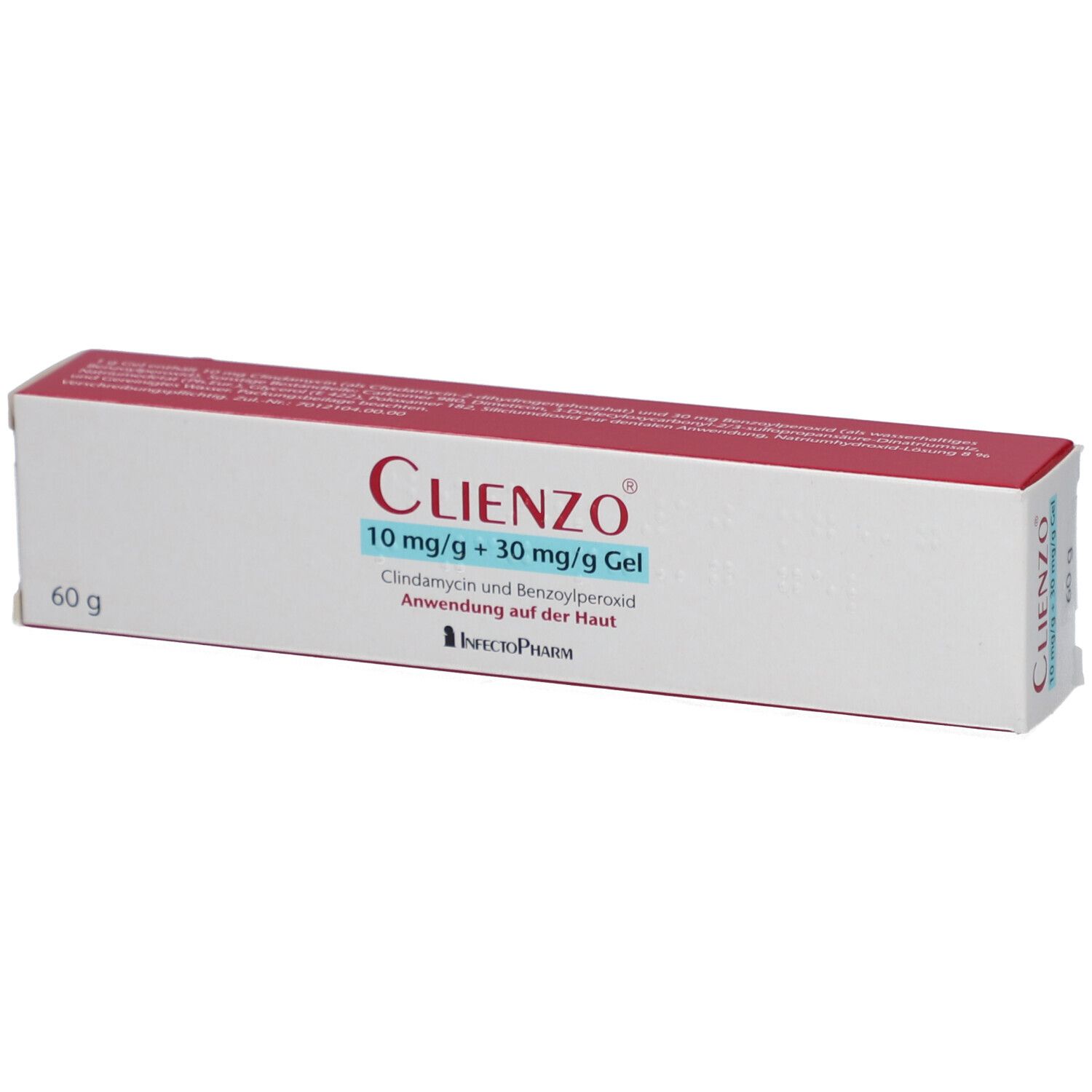 Weiße Schachtel mit rotem Deckel. Aufschrift: CLIENZO 10 mg/g + 30 mg/g Gel. Enthält Clindamycin und Benzoylperoxid.