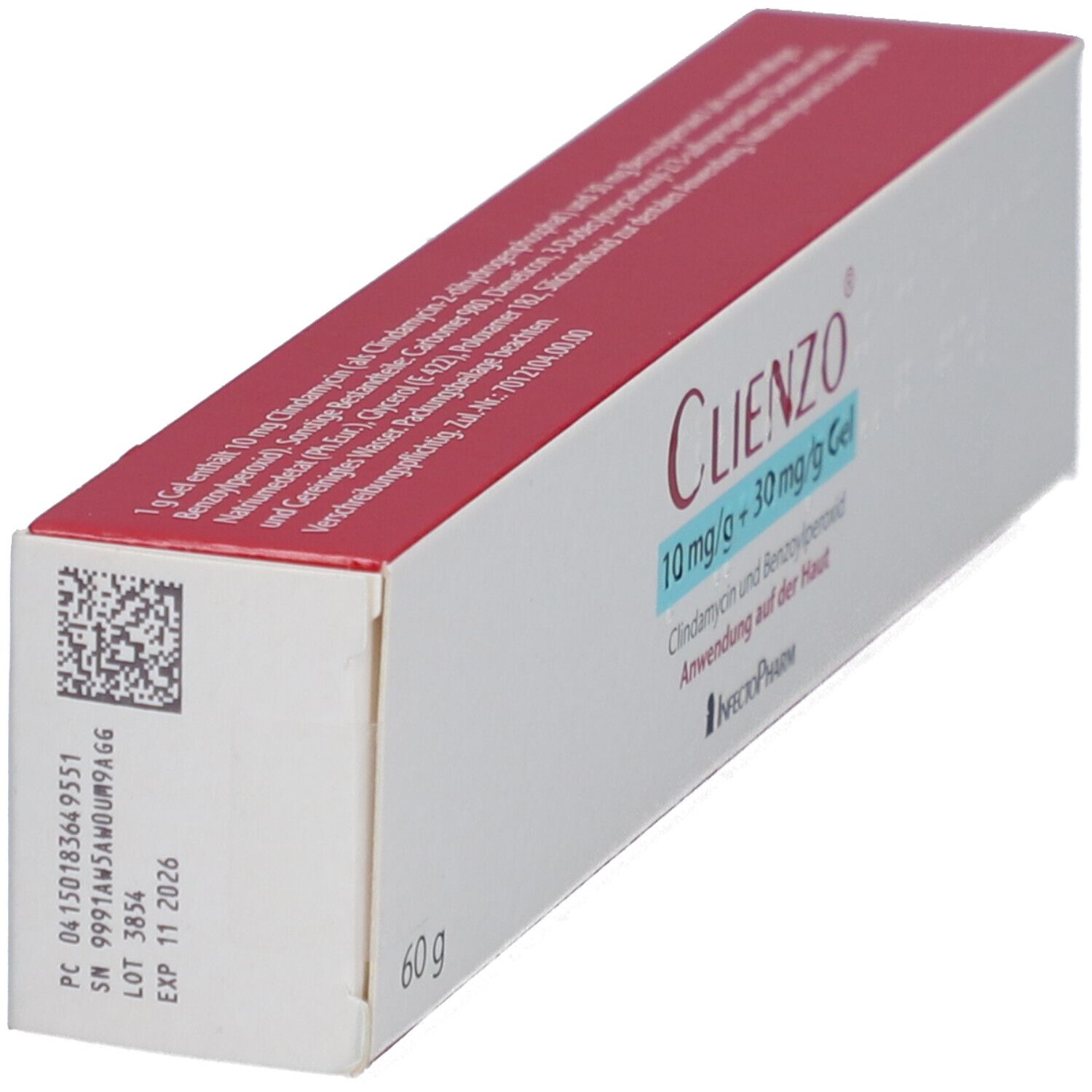 Schachtel mit rotem Deckel. Aufschrift: CLIENZO 10 mg/g + 30 mg/g Gel. Enthält Clindamycin und Benzoylperoxid. Mit QR-Code und Chargennummer.
