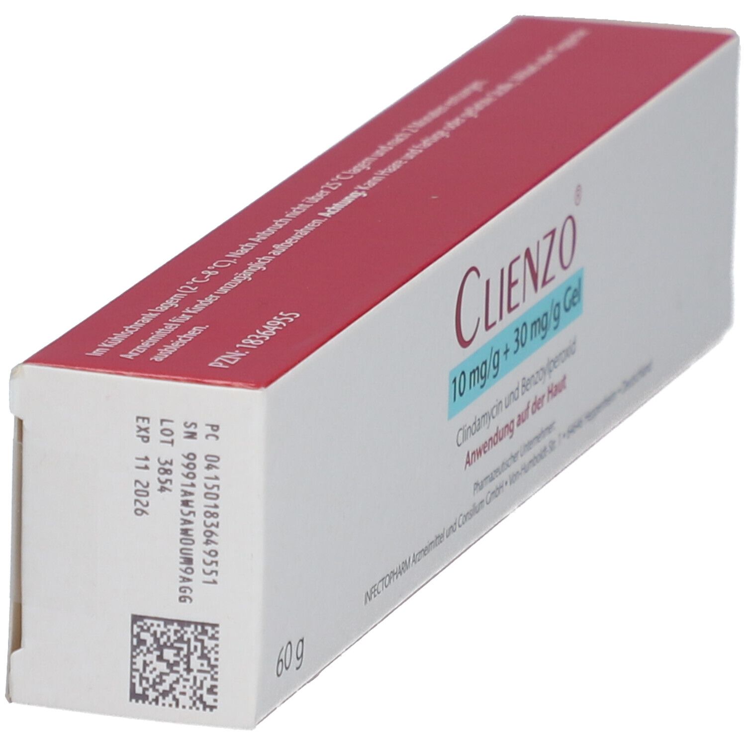 Schachtel mit rotem Deckel. Aufschrift: CLIENZO 10 mg/g + 30 mg/g Gel. Enthält Clindamycin und Benzoylperoxid. Mit QR-Code und Chargennummer.