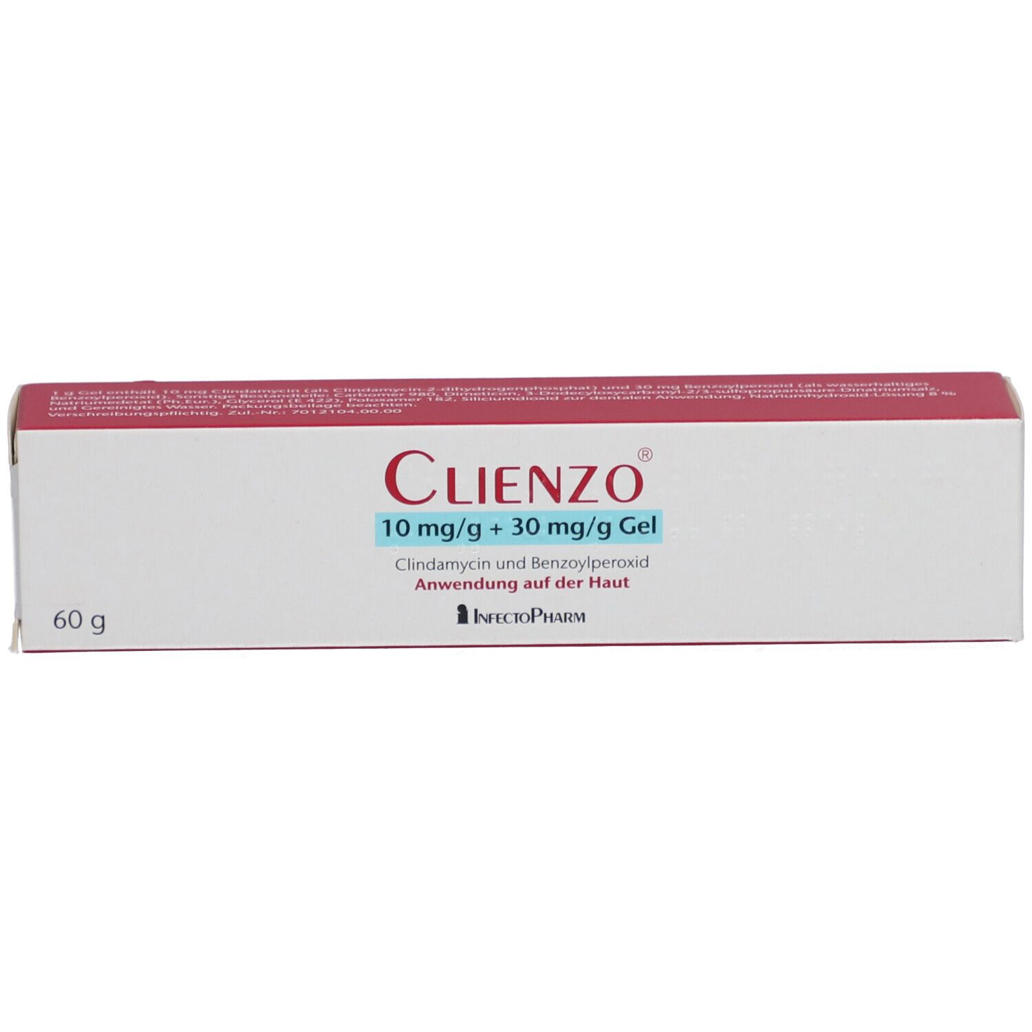 Weiße Schachtel mit rotem Deckel. Aufschrift: CLIENZO 10 mg/g + 30 mg/g Gel. Enthält Clindamycin und Benzoylperoxid. 60 g.