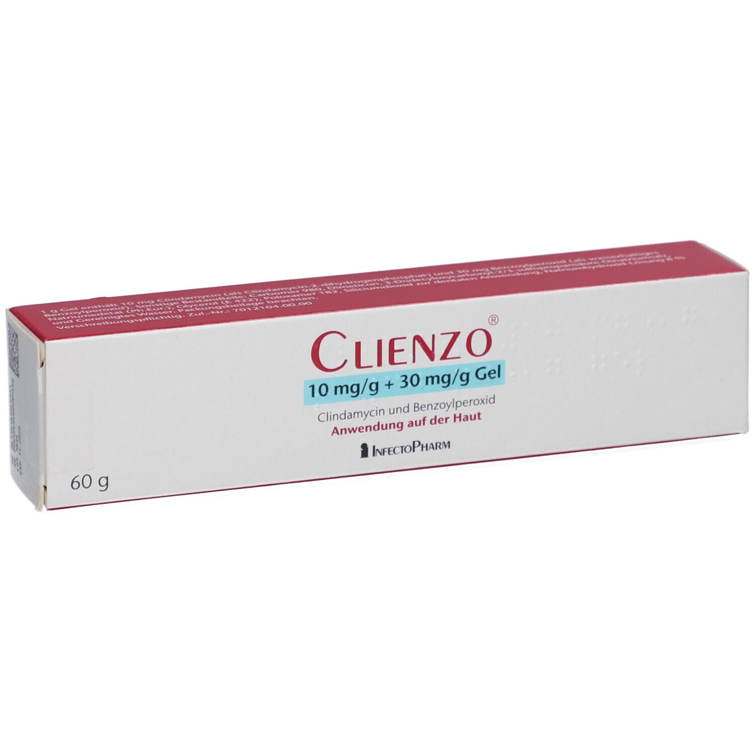 Weiße Schachtel mit rotem Deckel. Aufschrift: CLIENZO 10 mg/g + 30 mg/g Gel. Enthält Clindamycin und Benzoylperoxid. 60 g.