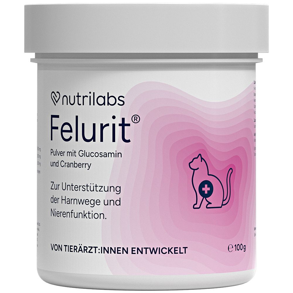 Weißer Behälter mit Felurit®-Pulver. Aufschrift: Pulver mit Glucosamin und Cranberry. Abbildung einer Katze mit medizinischem Symbol.