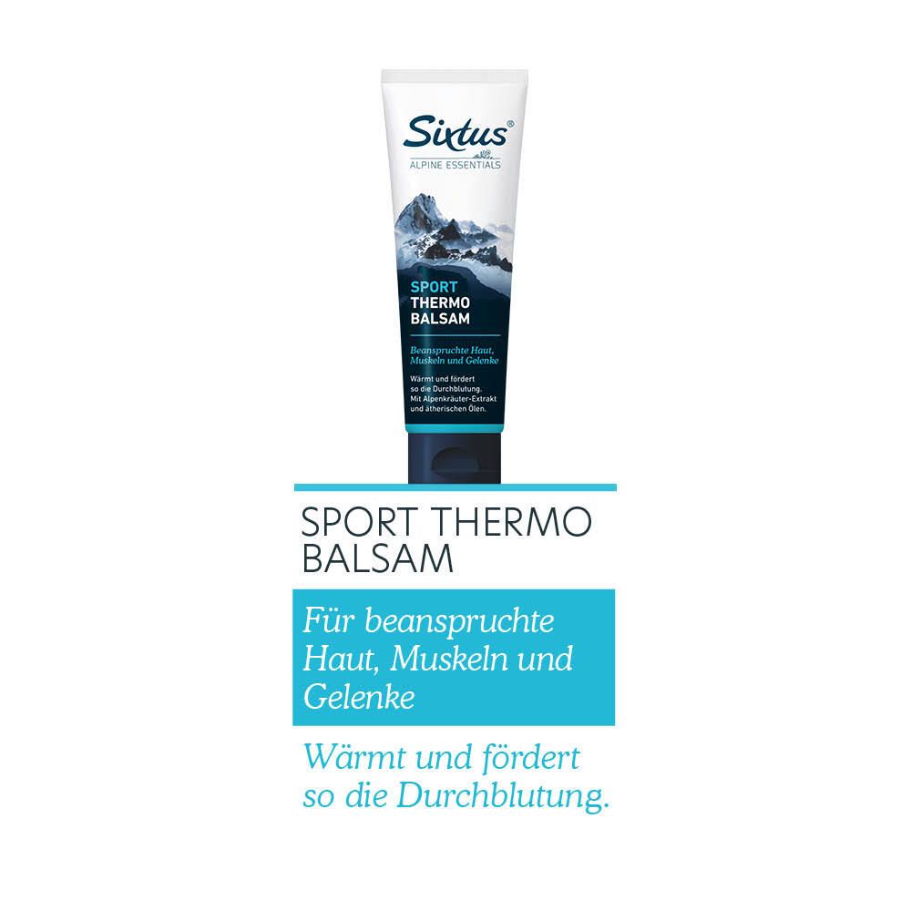 Tube mit Sixtus-Logo und Text: Sport Thermo Balsam. Text auf weißem Hintergrund: Für beanspruchte Haut, Muskeln und Gelenke.