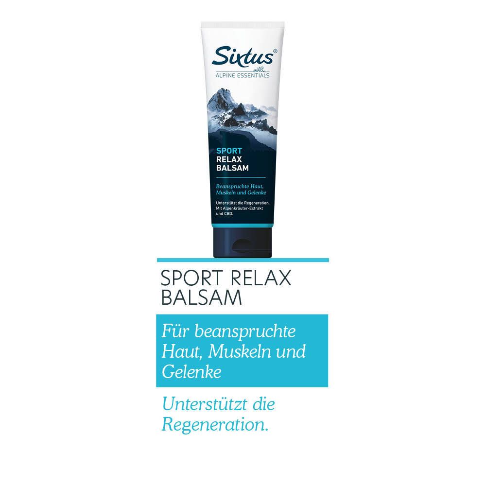 Produktabbildung: Tube SPORT RELAX BALSAM. Darunter Text: Für beanspruchte Haut, Muskeln und Gelenke. Unterstützt die Regeneration.