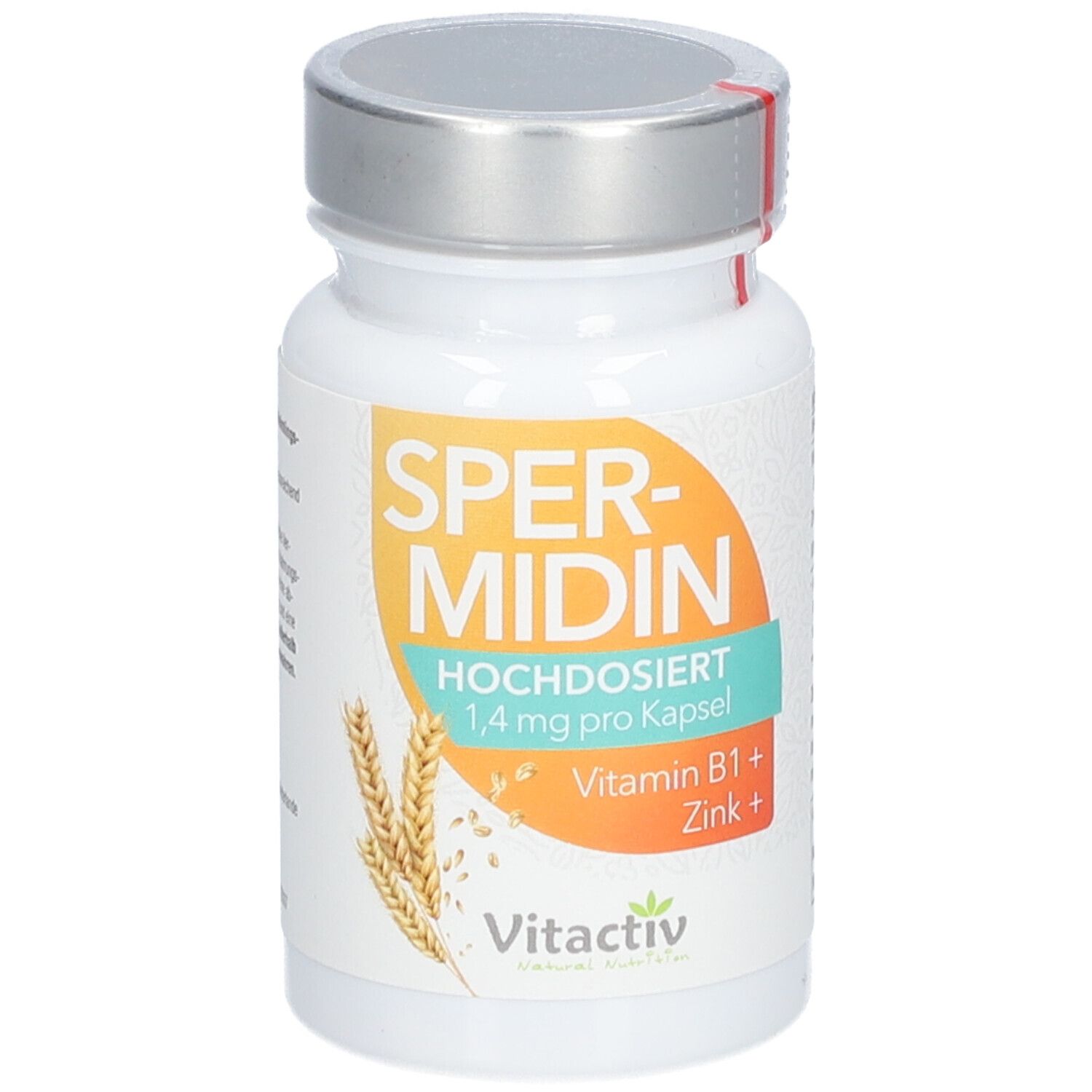 Etikett mit Nährwertangaben und Inhaltsstoffen. Flasche mit Kapseln und Weizenähren. Vitactiv Logo.