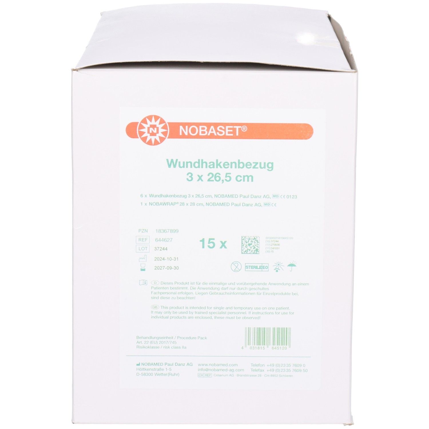 Nobaset Wundhakenbezug 2,5x26,5 cm steril 15x6 St Bezug