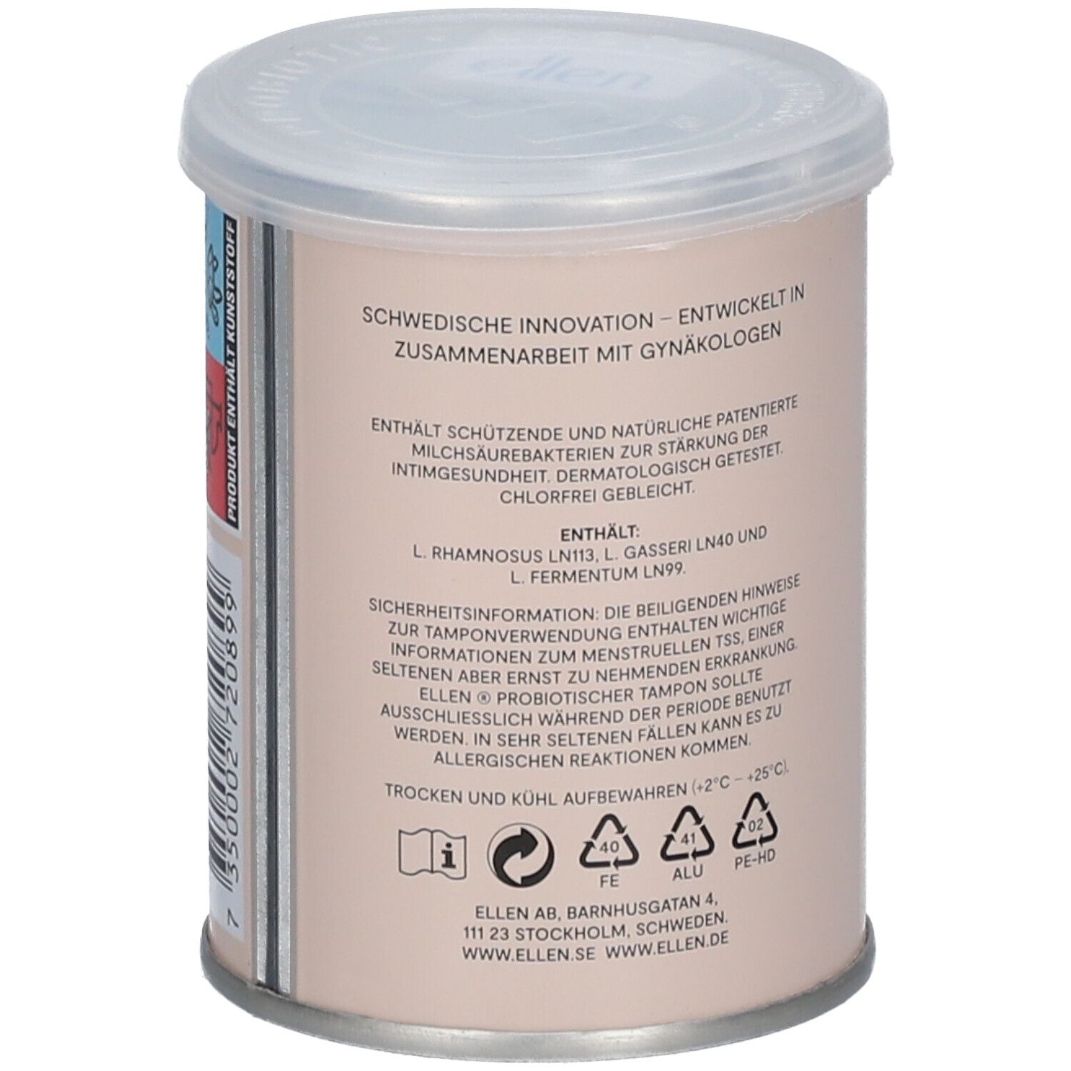 Zylindrische Verpackung mit Deckel. Rückseite mit Produktinformationen, Inhaltsstoffen und Warnhinweisen.