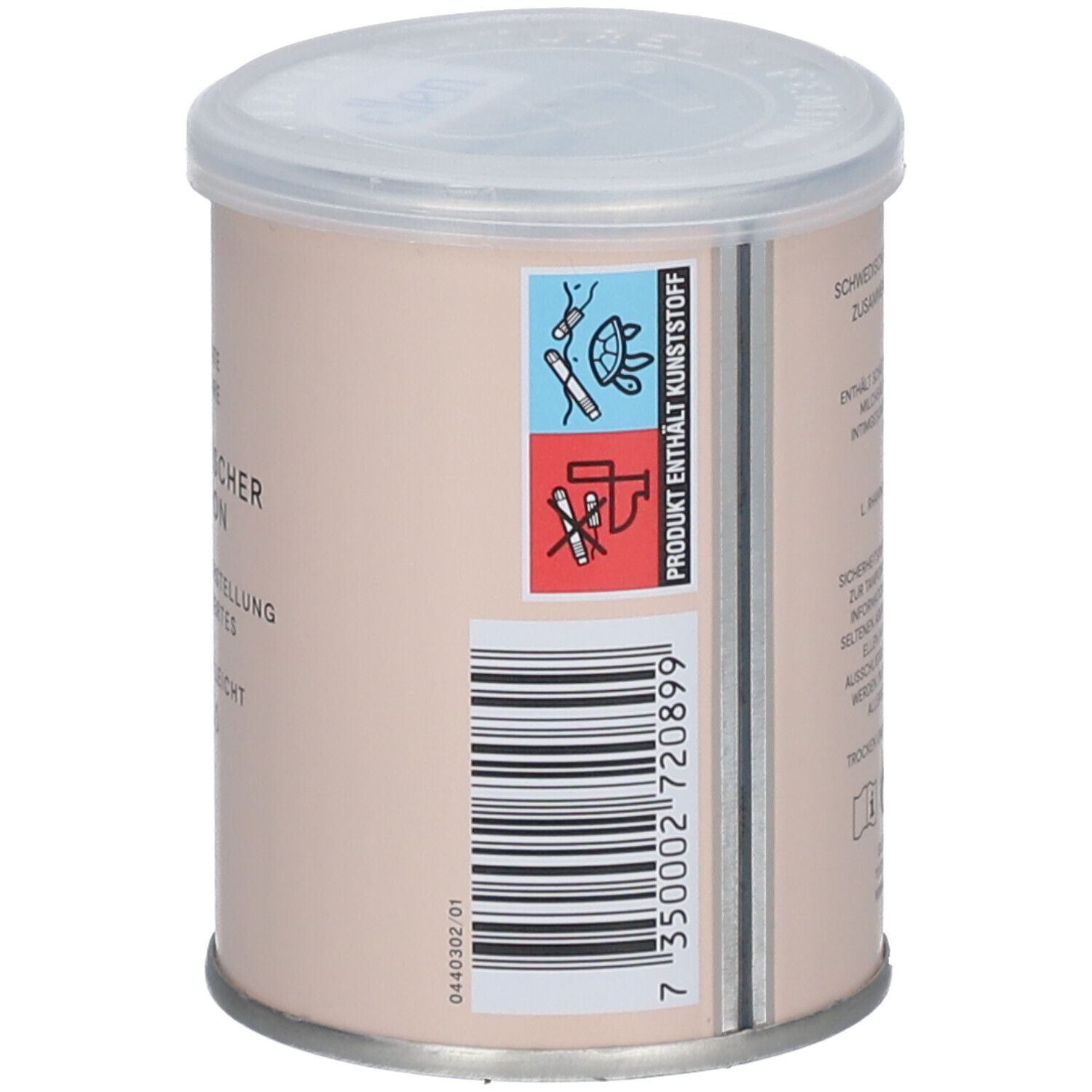 Zylindrische Verpackung mit Deckel. Rückseite mit Barcode und Produktinformationen.