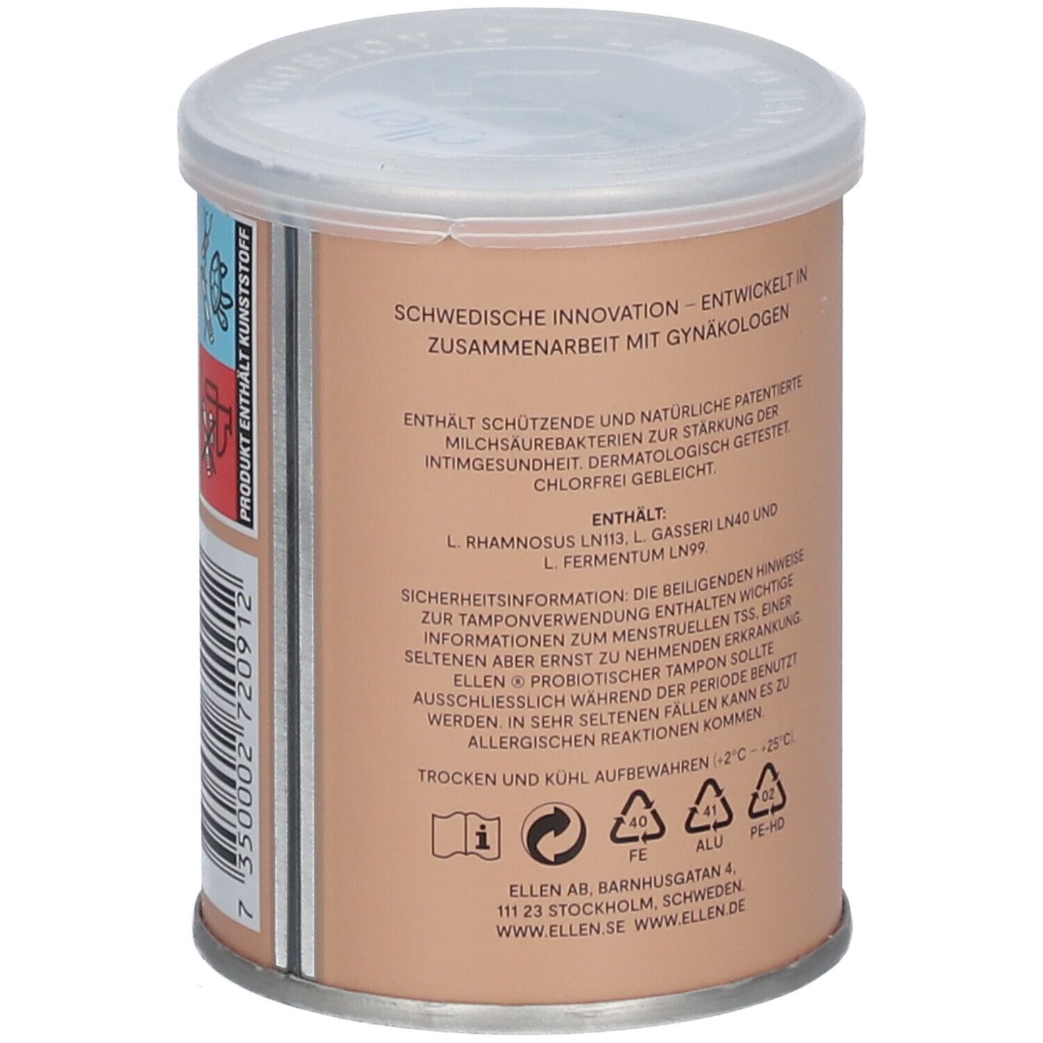 Zylindrische Dose mit Deckel. Aufschrift: ellen®. Text und Piktogramme auf der Seite.