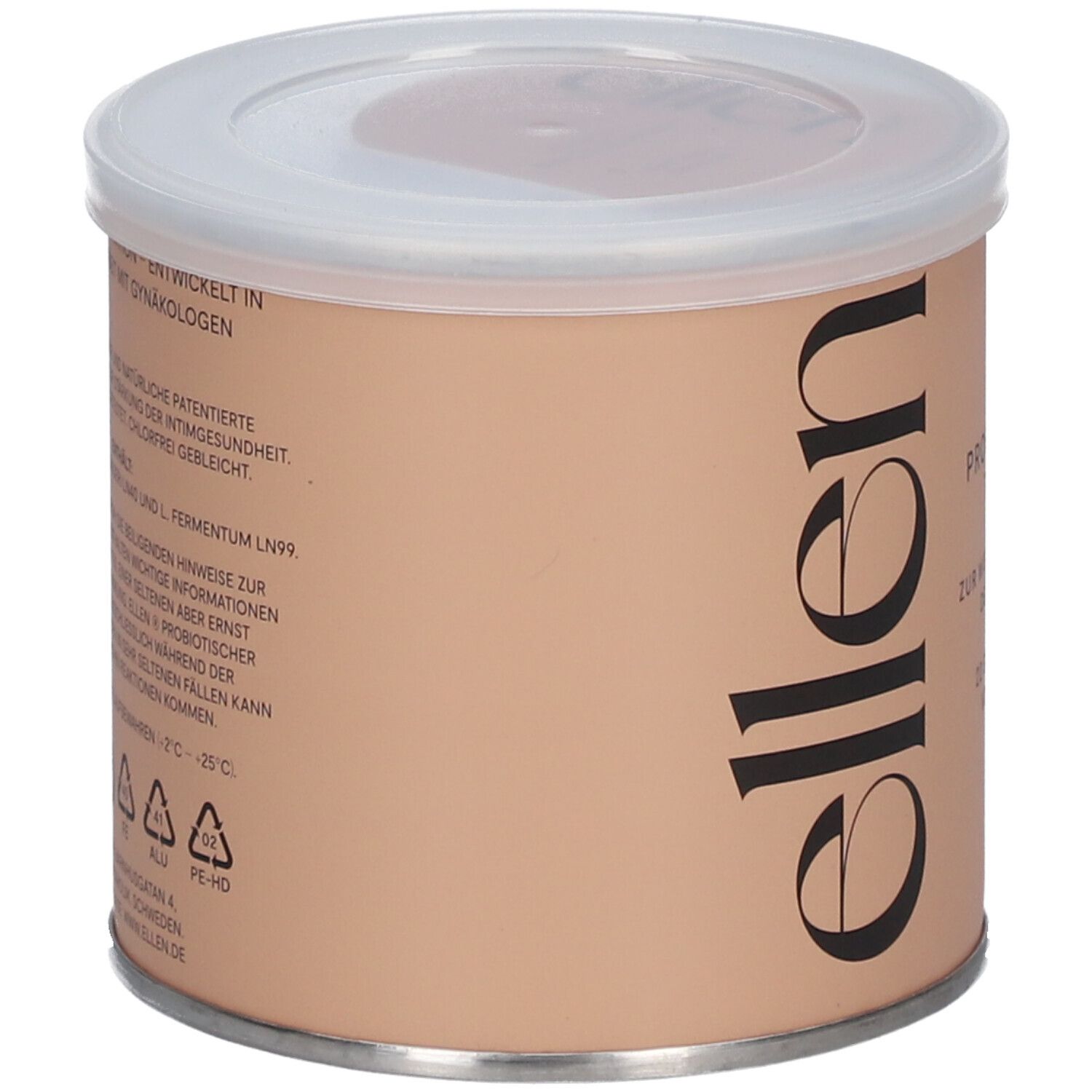 Beige Dose mit weißem Deckel. Aufschrift: ellen®, Intimate Femcare, probiotischer Tampon, 22 Stück.