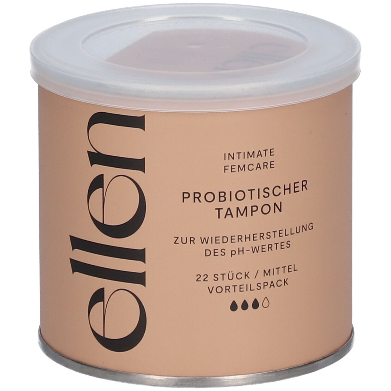 Beige Dose mit weißem Deckel. Aufschrift: ellen®, Intimate Femcare, probiotischer Tampon, 22 Stück.