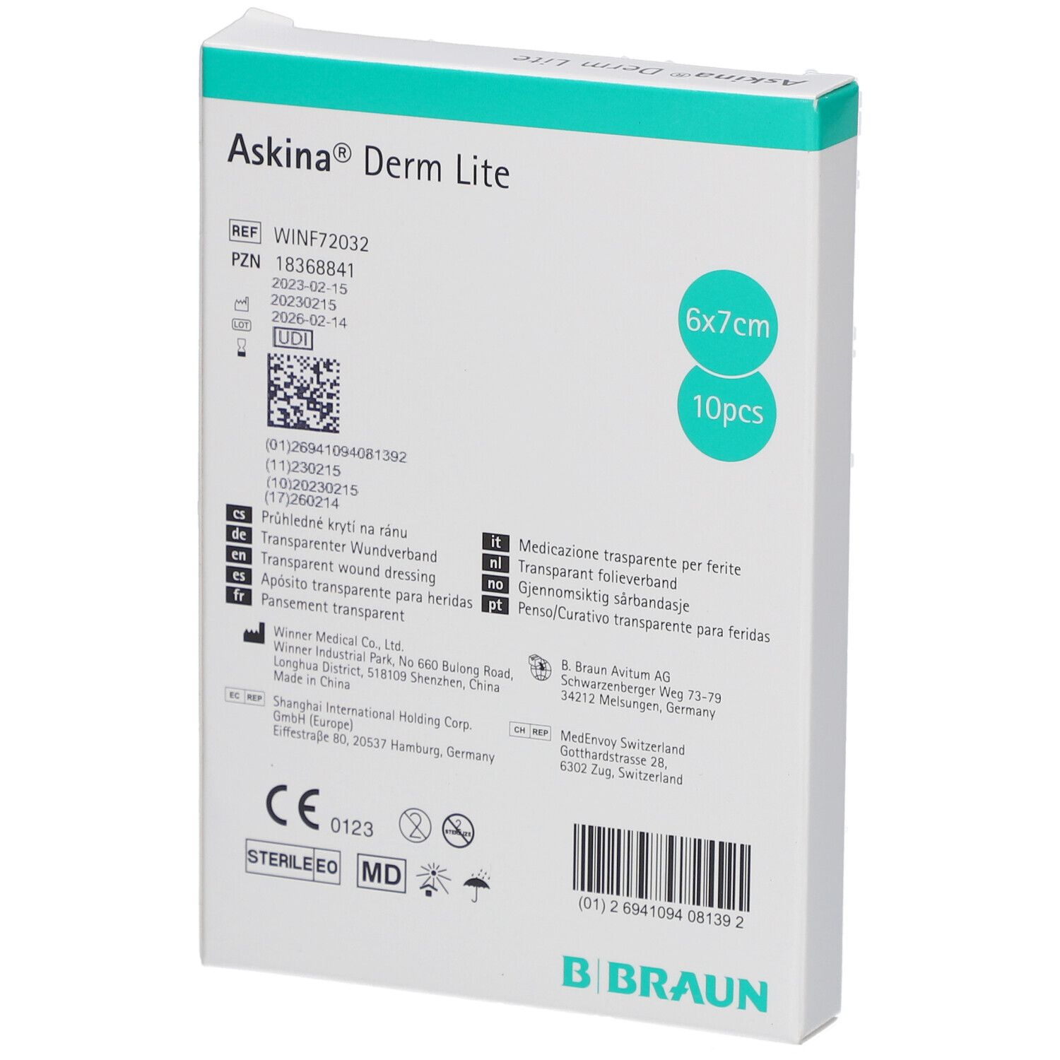 Rückseite der Verpackung Askina Derm Lite. Informationen, Zertifizierungen, B. Braun Logo.