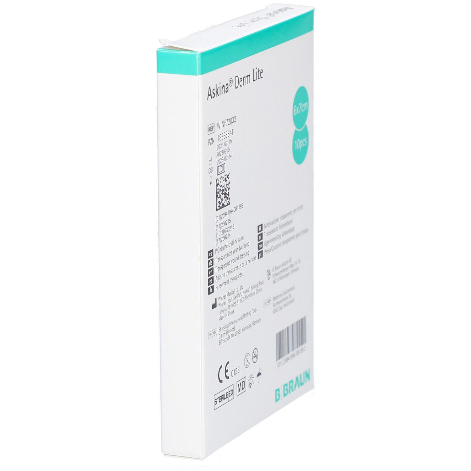 Schrägansicht der Verpackung Askina Derm Lite. Informationen, Zertifizierungen, B. Braun Logo.
