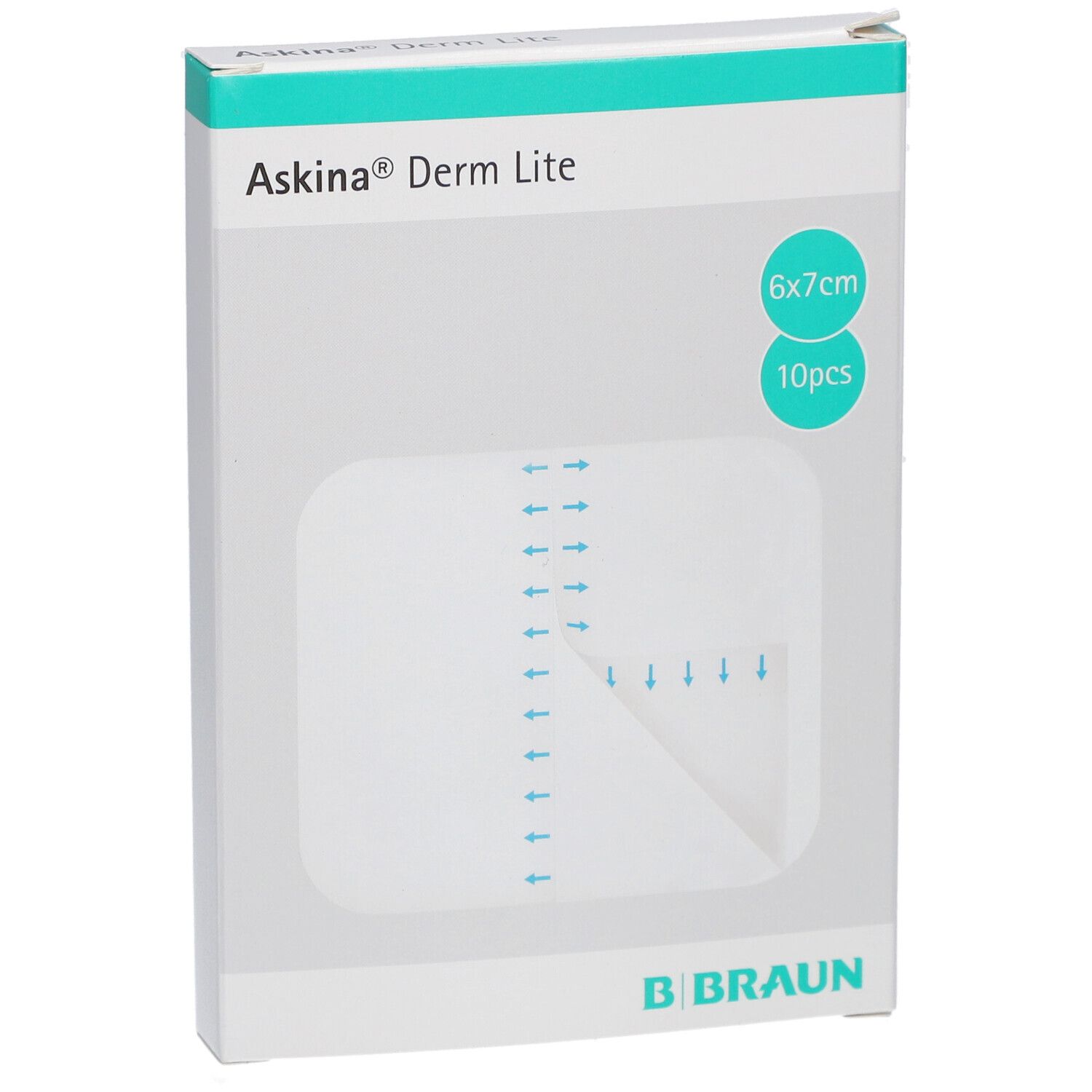 Verpackung Askina Derm Lite, 6x7cm, 10 Stück. Sichtbar: Wundverband, Pfeile, B. Braun Logo.