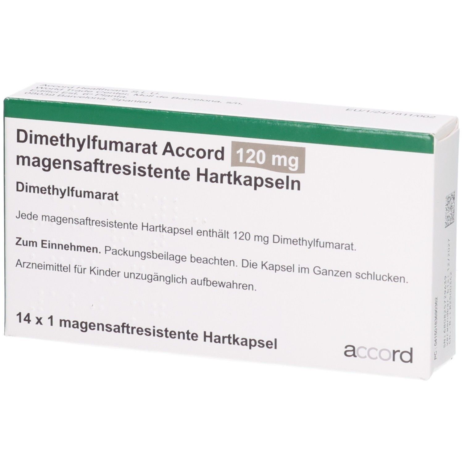 Packung Dimethylfumarat Accord 120 mg magensaftresistente Hartkapseln, 14 Stück.