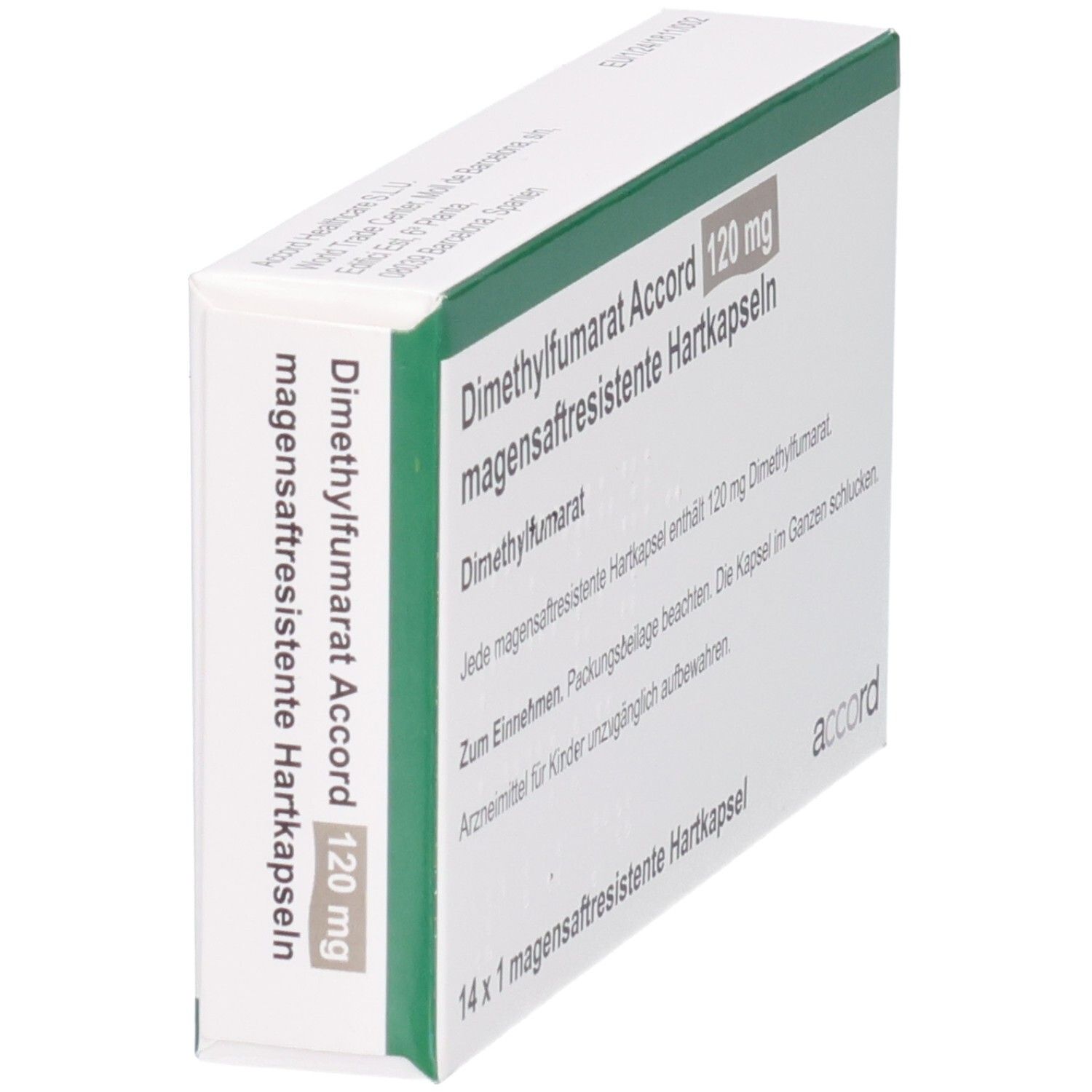 Seitenansicht der Packung Dimethylfumarat Accord 120 mg magensaftresistente Hartkapseln.