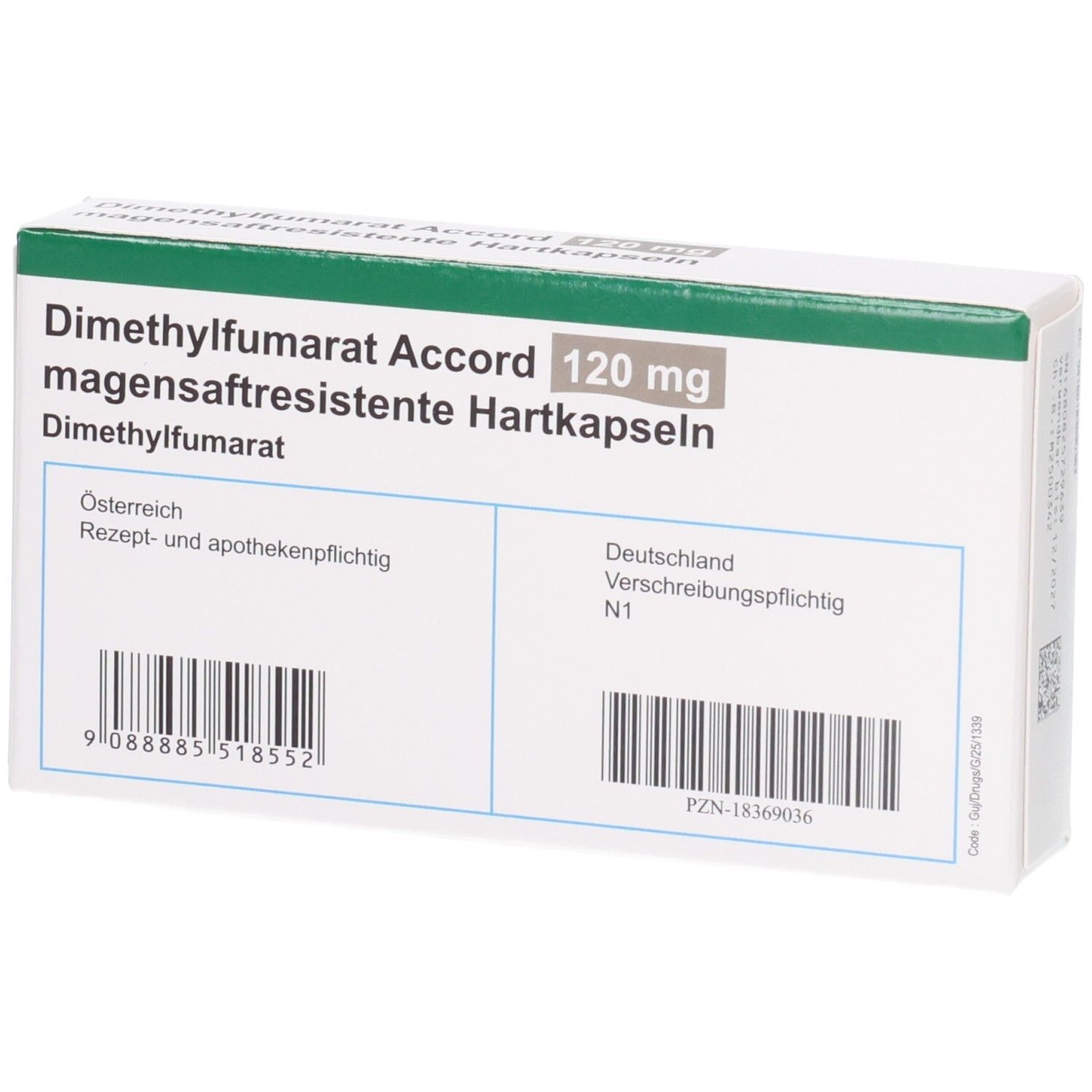 Rückseite der Packung Dimethylfumarat Accord 120 mg mit Barcodes und Zulassungsinformationen.
