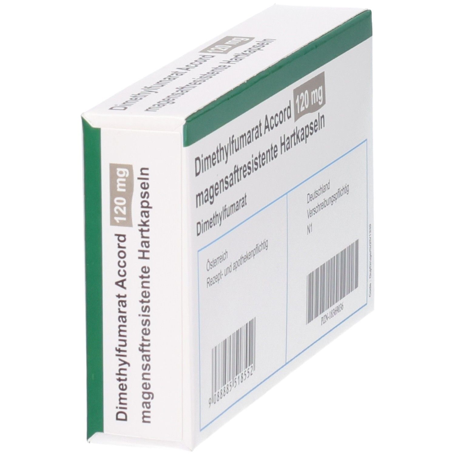 Seitenansicht der Packung Dimethylfumarat Accord 120 mg mit vertikaler Beschriftung.