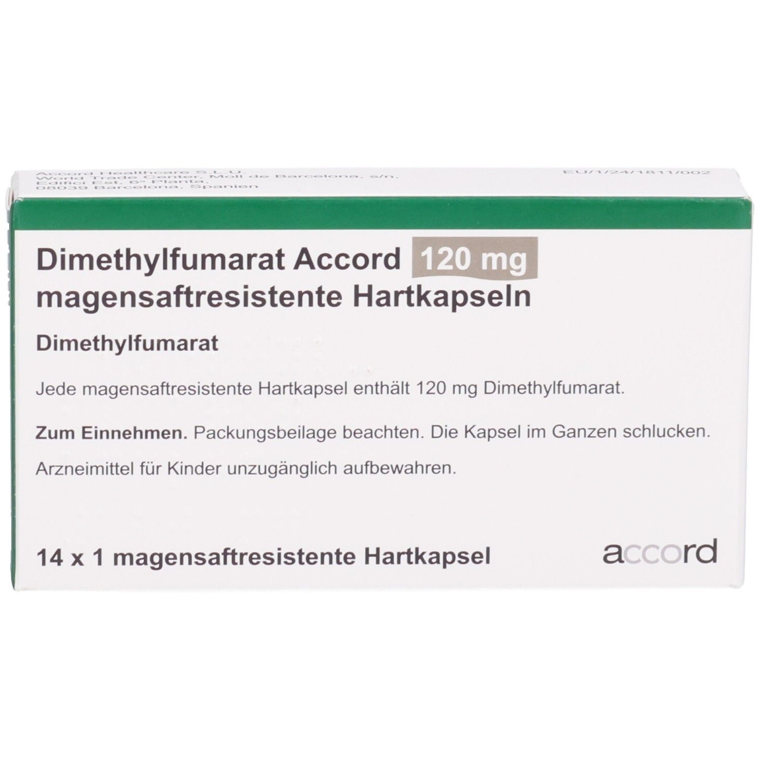 Vorderseite der Packung Dimethylfumarat Accord 120 mg magensaftresistente Hartkapseln.