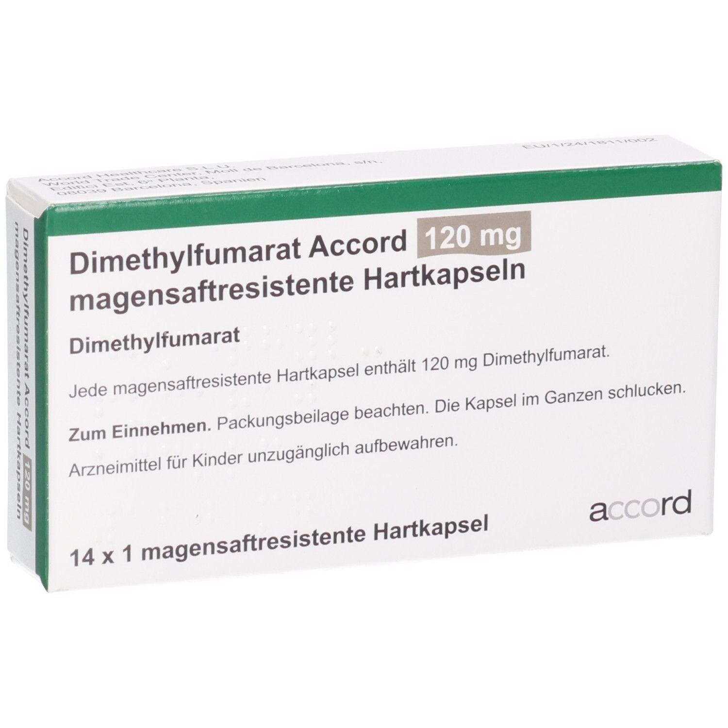 Packung Dimethylfumarat Accord 120 mg magensaftresistente Hartkapseln, 14 Stück, leicht schräg.