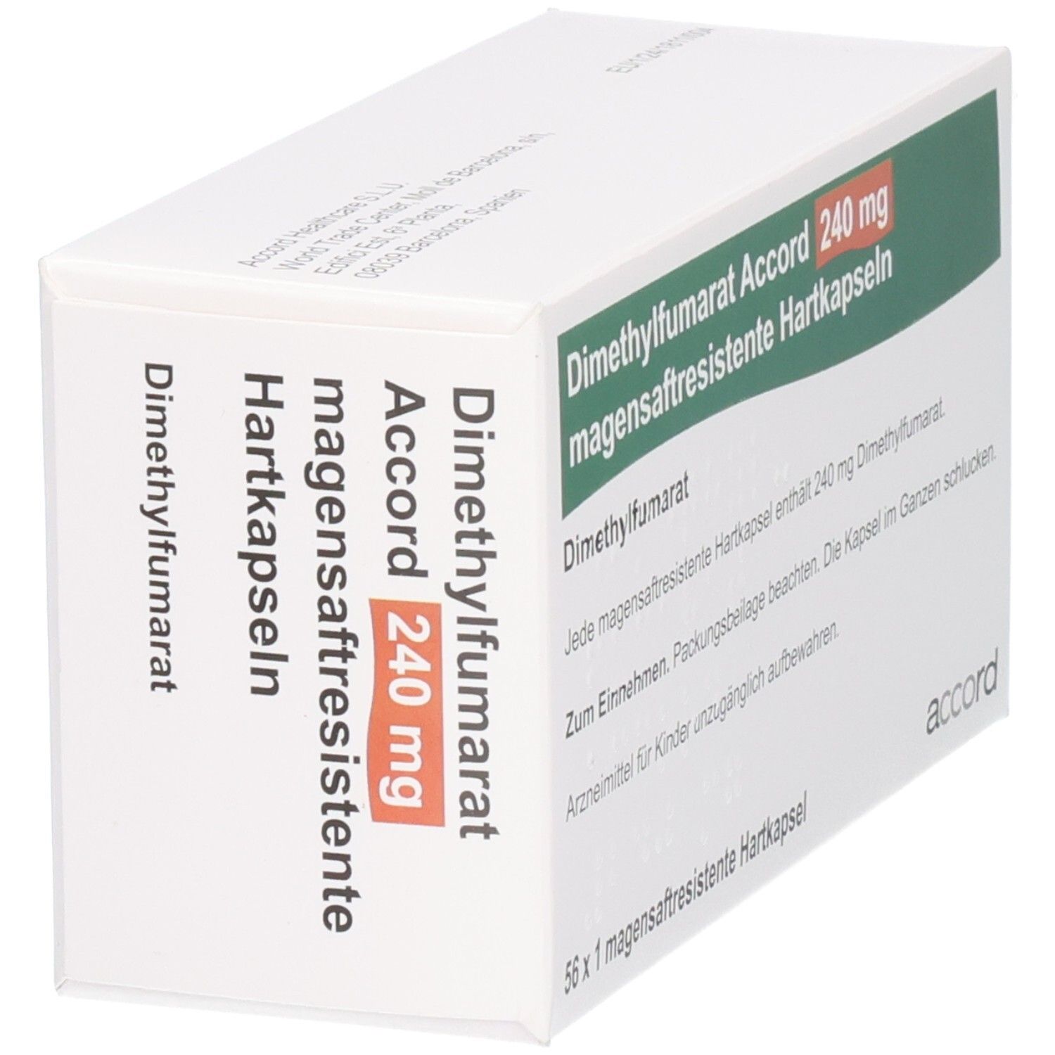 Seitenansicht der Packung Dimethylfumarat Accord 240 mg Hartkapseln.