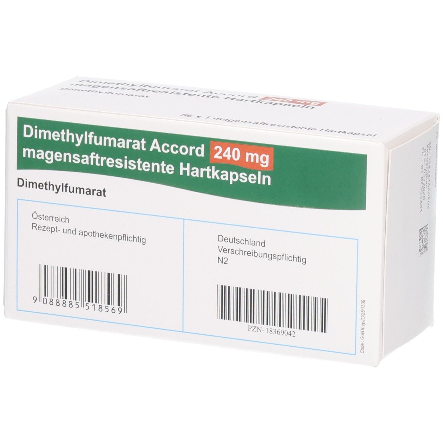 Vorderseite der Packung Dimethylfumarat Accord 240 mg mit Barcodes für Österreich und Deutschland.