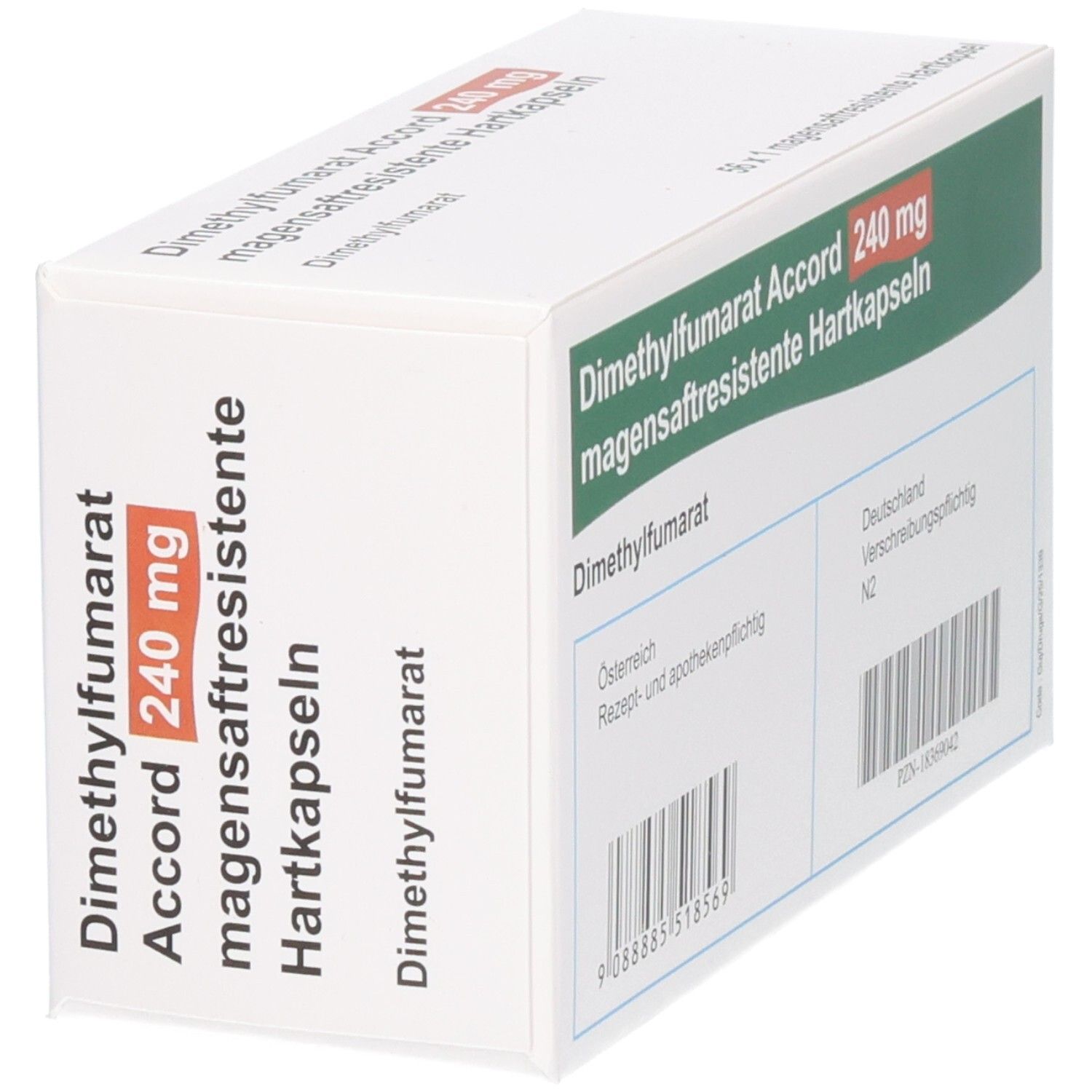 Schräge Ansicht der Packung Dimethylfumarat Accord 240 mg Hartkapseln.