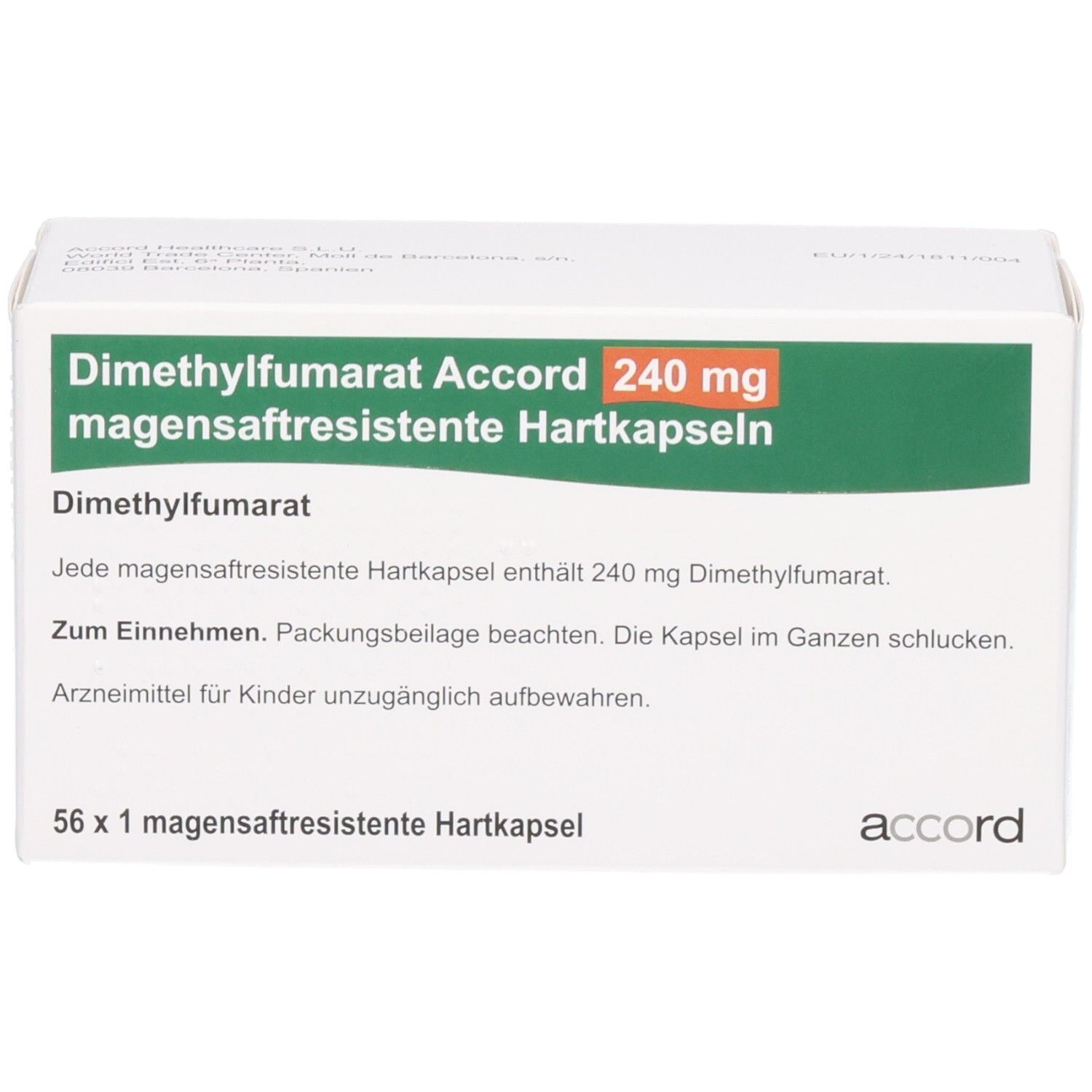 Packung Dimethylfumarat Accord 240 mg mit Einnahmehinweisen, 56 Hartkapseln.